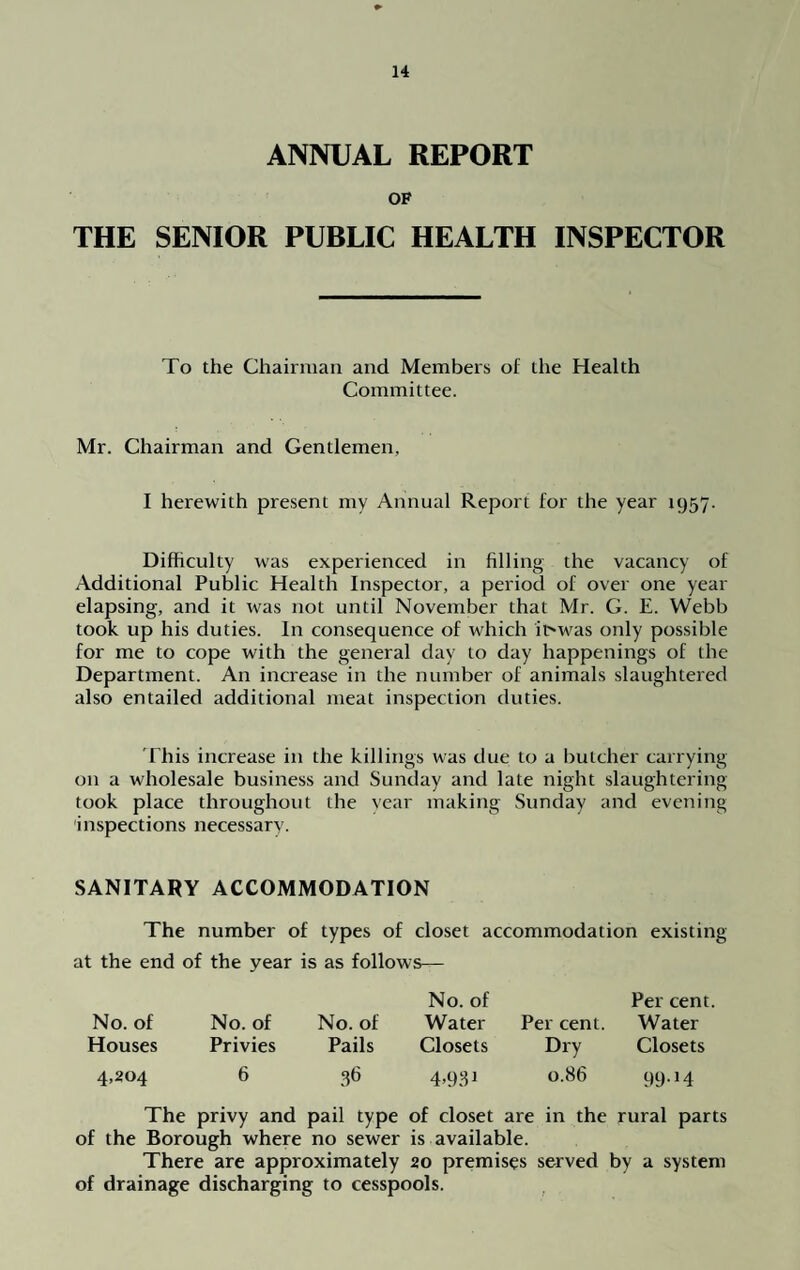 ANNUAL REPORT OF THE SENIOR PUBLIC HEALTH INSPECTOR To the Chairman and Members of the Health Committee. Mr. Chairman and Gentlemen, I herewith present my Annual Report for the year 1957. Difficulty was experienced in filling the vacancy of Additional Public Health Inspector, a period of over one year elapsing, and it was not until November that Mr. G. E. Webb took up his duties. In consequence of which it>was only possible for me to cope with the general day to day happenings of the Department. An increase in the number of animals slaughtered also entailed additional meat inspection duties. This increase in the killings was due to a butcher carrying on a wholesale business and Sunday and late night slaughtering took place throughout the year making Sunday and evening inspections necessary. SANITARY ACCOMMODATION The number of types of closet accommodation existing at the end of the year is as follows— No. of Houses 4,204 No. of Privies 6 No. of Pails 36 No. of Water Closets 4.931 Per cent. Dry 0.86 Per cent Water Closets 99->4 The privy and pail type of closet are in the rural parts of the Borough where no sewer is available. There are approximately 20 premises served by a system of drainage discharging to cesspools.