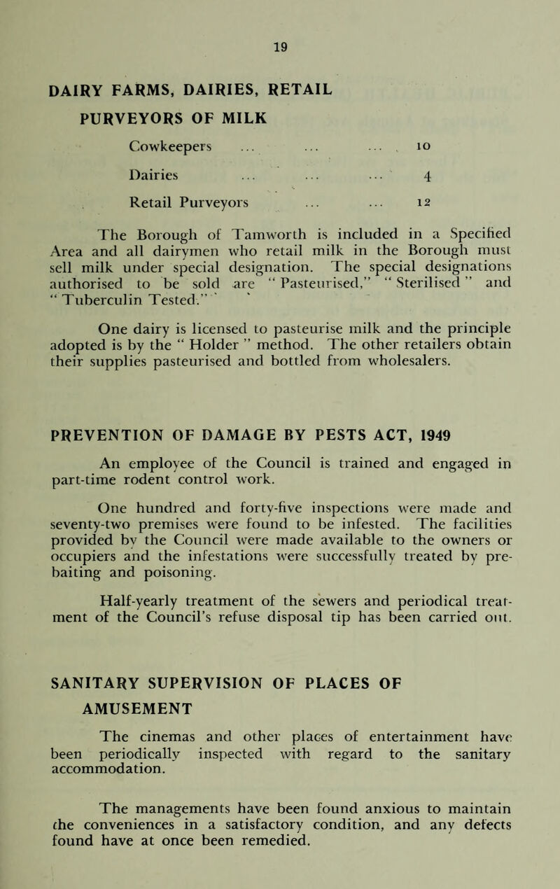 DAIRY FARMS, DAIRIES, RETAIL PURVEYORS OF MILK Cowkeepers ... ... 10 Dairies ... ... ... 4 Retail Purveyors ... ... 12 The Borough of Tamworth is included in a Specified Area and all dairymen who retail milk in the Borough must sell milk under special designation. The special designations authorised to be sold are “ Pasteurised,” “ Sterilised ” and “ Tuberculin Tested.” One dairy is licensed to pasteurise milk and the principle adopted is by the “ Holder ” method. The other retailers obtain their supplies pasteurised and bottled from wholesalers. PREVENTION OF DAMAGE BY PESTS ACT, 1949 An employee of the Council is trained and engaged in part-time rodent control work. One hundred and forty-five inspections were made and seventy-two premises were found to be infested. The facilities provided bv the Council were made available to the owners or occupiers and the infestations were successfully treated by pre¬ baiting and poisoning. Half-yearly treatment of the sewers and periodical treat¬ ment of the Council’s refuse disposal tip has been carried out. SANITARY SUPERVISION OF PLACES OF AMUSEMENT The cinemas and other places of entertainment have been periodically inspected with regard to the sanitary accommodation. The managements have been found anxious to maintain the conveniences in a satisfactory condition, and any defects found have at once been remedied.