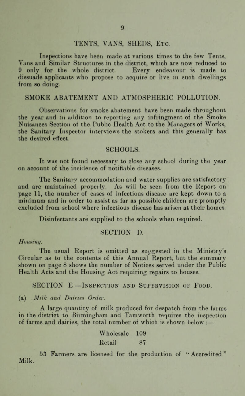 TENTS, VANS, SHEDS, Etc. Inspections have liecn made at various times to the few Tents, Vans and Similar Structures in the district, which are now reduced to 9 only for the whole district. Every endeavour is made to dissuade applicants who propose to acquire or live in such dwellings from so doing. SMOKE ABATEMENT ANL) ATMOSPHERIC POLLUTION. Observations for smoke abatement have been made throughout the year and in addition to reporting any infringment of the Smoke Nuisances Section of the Public Health Act to the Managers of Works, the Sanitary Inspector interviews the stokers and this generally has the desired effect. SCHOOLS. It was not found necessary to close any school during the year on account of the incidence of notifiable diseases. The Sanitary accommodation and water supplies are satisfactory and arc maintained properly. As will be seen from the Report on page 11, the number of cases of infectious disease are kept down to a minimum and in order to assist as far as possible children are promptly excluded from school where infectious disease has arisen at their homes. Disinfectants are supplied to the schools when required. SECTION I). Homing. The usual Report is omitted as suggested in the Ministry’s Circular as to the contents of this Annual Report, but the summary shown on page 8 shows the number of Notices served under the Public Health Acts and the Housing Act requiring repairs to houses. SECTION E —Inspection and Supervision of Food. (a) Milk and Dairies Order. A large quantity of milk produced for despatch from the farms in the district to Birmingham and Tamworth requires the inspection of farms and dairies, the total number of which is shown below Wholesale 109 Retail 87 53 Farmers are licensed for the production of ‘‘ Accredited ” Milk.