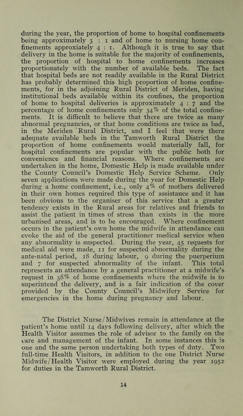 during the year, the proportion of home to hospital confinements being approximately 3 : 1 and of home to nursing home con¬ finements approxiately 4:1. Although it is true to say that delivery in the home is suitable for the majority of confinements, the proportion of hospital to home confinements increases proportionately with the number of available beds. The fact that hospital beds are not readily available in the Rural District has probably determined this high proportion of home confine¬ ments, for in the adjoining Rural District of Meriden, having institutional beds available within its confines, the proportion of home to hospital deliveries is approximately 4 : 7 and the percentage of home confinements only 34% of the total confine¬ ments. It is difficult to believe that there are twice as many abnormal pregnancies, or that home conditions are twice as bad, in the Meriden Rural District, and I feel that were there adequate available beds in the Tamworth Rural District the proportion of home confinements would materially fall, for hospital confinements are popular with the public both for convenience and financial reasons. Where confinements are undertaken in the home, Domestic Help is made available under the County Council’s Domestic Help Service Scheme. Only seven applications were made during the year for Domestic Help during a home confinement, i.e., only 4% of mothers delivered in their own homes required this type of assistance and it has been obvious to the organiser of this service that a greater tendency exists in the Rural areas for relatives and friends to assist the patient in times of stress than exists in the more urbanised areas, and is to be encouraged. Where confinement occurs in the patient’s own home the midwife in attendance can evoke the aid of the general practitioner medical service when any abnormality is suspected. During the year, 45 requests for medical aid were made, 11 for suspected abnormality during the ante-natal period, 18 during labour, 9 during the puerperium and 7 for suspected abnormality of the infant. This total represents an attendance by a general practitioner at a midwife’s request in 38% of home confinements where the midwife is to superintend the delivery, and is a fair indication of the cover provided by the County Council’s Midwifery Service for emergencies in the home during pregnancy and labour. The District Nurse/Midwives remain in attendance at the patient’s home until 14 days following delivery, after which the Health Visitor assumes the role of advisor to the family on the care and management of the infant. In some instances this is one and the same person undertaking both types of duty. Two full-time Health Visitors, in addition to the one District Nurse Midwife/Health Visitor were employed during the year 1952 for duties in the Tamworth Rural District.