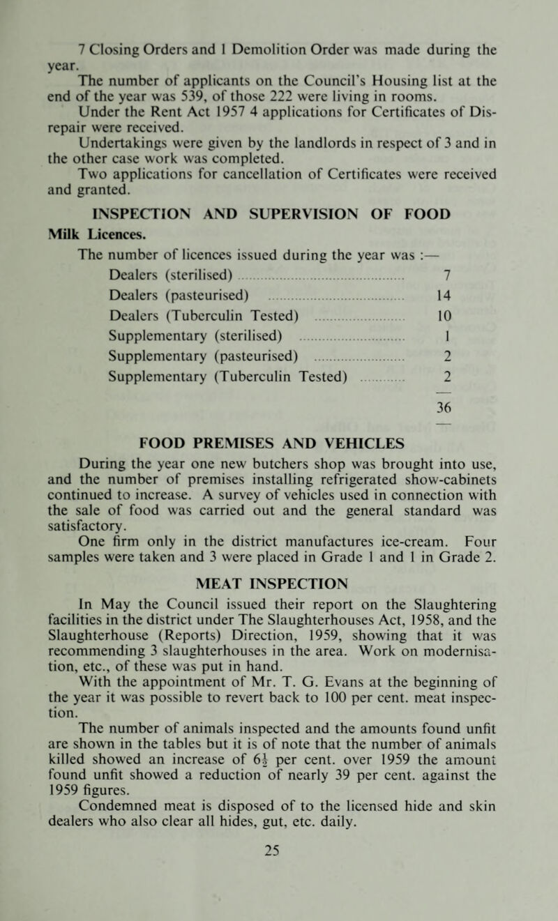 7 Closing Orders and 1 Demolition Order was made during the year. The number of applicants on the Council's Housing list at the end of the year was 539, of those 222 were living in rooms. Under the Rent Act 1957 4 applications for Certificates of Dis¬ repair were received. Undertakings were given by the landlords in respect of 3 and in the other case work was completed. Two applications for cancellation of Certificates were received and granted. INSPECTION AND SUPERVISION OF FOOD Milk Licences. The number of licences issued during the year was :— Dealers (sterilised). Dealers (pasteurised) 14 Dealers (Tuberculin Tested) 10 Supplementary (sterilised) . I Supplementary (pasteurised) . 2 Supplementary (Tuberculin Tested) 2 36 FOOD PREMISES AND VEHICLES During the year one new butchers shop was brought into use, and the number of premises installing refrigerated show-cabinets continued to increase. A survey of vehicles used in connection with the sale of food was carried out and the general standard was satisfactory. One firm only in the district manufactures ice-cream. Four samples were taken and 3 were placed in Grade 1 and 1 in Grade 2. MEAT INSPECTION In May the Council issued their report on the Slaughtering facilities in the district under The Slaughterhouses Act, 1958, and the Slaughterhouse (Reports) Direction, 1959, showing that it was recommending 3 slaughterhouses in the area. Work on modernisa¬ tion, etc., of these was put in hand. With the appointment of Mr. T. G. Evans at the beginning of the year it was possible to revert back to 100 per cent, meat inspec¬ tion. The number of animals inspected and the amounts found unfit are shown in the tables but it is of note that the number of animals killed showed an increase of 6i per cent, over 1959 the amount found unfit showed a reduction of nearly 39 per cent, against the 1959 figures. Condemned meat is disposed of to the licensed hide and skin dealers who also clear all hides, gut, etc. daily.