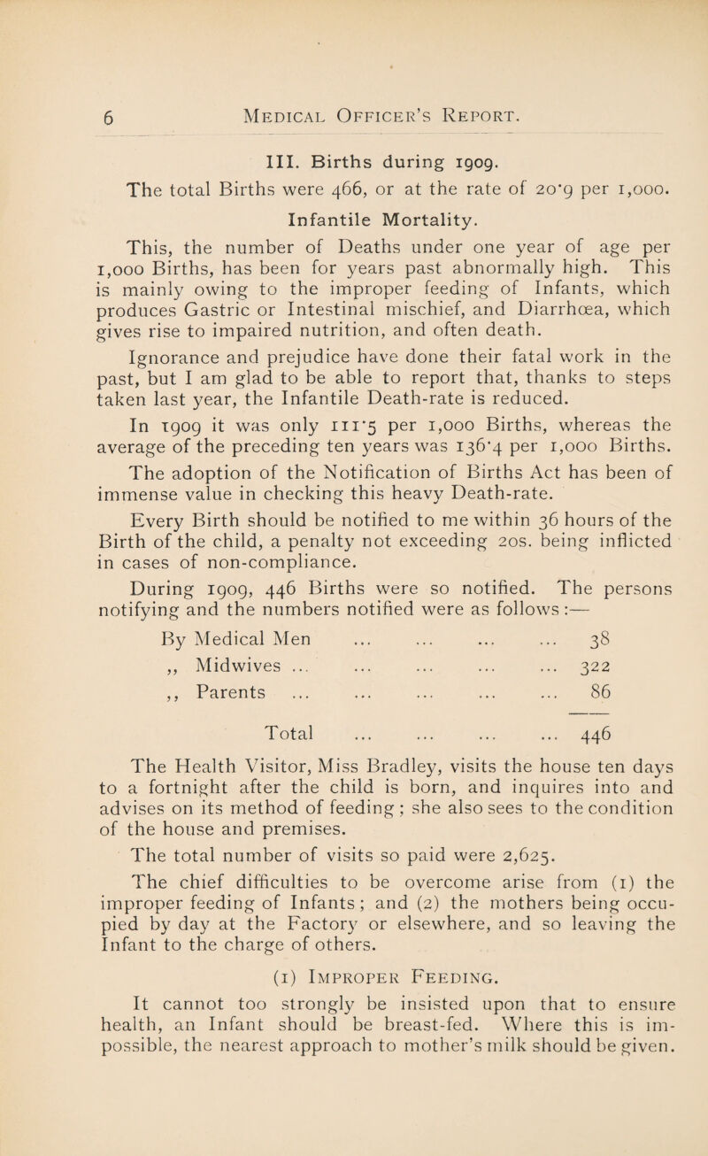 III. Births during 1909. The total Births were 466, or at the rate of 20*9 per 1,000. Infantile Mortality. This, the number of Deaths under one year of age per 1,000 Births, has been for years past abnormally high. This is mainly owing to the improper feeding of Infants, which produces Gastric or Intestinal mischief, and Diarrhoea, which gives rise to impaired nutrition, and often death. Ignorance and prejudice have done their fatal work in the past, but I am glad to be able to report that, thanks to steps taken last year, the Infantile Death-rate is reduced. In 1909 it was only 111*5 per 1,000 Births, whereas the average of the preceding ten years was 136*4 per 1,000 Births. The adoption of the Notification of Births Act has been of immense value in checking this heavy Death-rate. Every Birth should be notified to me within 36 hours of the Birth of the child, a penalty not exceeding 20s. being inflicted in cases of non-compliance. During 1909, 446 Births were so notified. The persons notifying and the numbers notified were as follows :— By Medical Men ... ... ... ... 38 ,, Midwives ... ... ... ... ... 322 ,, Parents ... ... ... ... ... 86 Total ... ... ... ... 446 The Health Visitor, Miss Bradley, visits the house ten days to a fortnight after the child is born, and inquires into and advises on its method of feeding; she also sees to the condition of the house and premises. The total number of visits so paid were 2,625. The chief difficulties to be overcome arise from (1) the improper feeding of Infants; and (2) the mothers being occu¬ pied by day at the Factory or elsewhere, and so leaving the Infant to the charge of others. (1) Improper Feeding. It cannot too strongly be insisted upon that to ensure health, an Infant should be breast-fed. Where this is im¬ possible, the nearest approach to mother’s milk should be given.