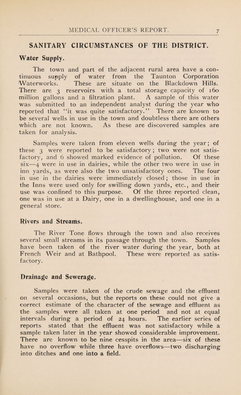 SANITARY CIRCUMSTANCES OF THE DISTRICT. Water Supply. The town and part of the adjacent rural area have a con¬ tinuous supply of water from the Taunton Corporation Waterworks. These are situate on the Blackdown Hills. There are 3 reservoirs with a total storage capacity of 160 million gallons and a filtration plant. A sample of this water was submitted to an independent analyst during the year who reported that “it was quite satisfactory.” There are known to be several wells in use in the town and doubtless there are others which are not known. As these are discovered samples are taken for analysis. Samples were taken from eleven wells during the year; of these 3 were reported to be satisfactory; two were not satis¬ factory, and 6 showed marked evidence of pollution. Of these six—4 were in use in dairies, while the other two were in use in inn yards, as were also the two unsatisfactory ones. The four in use in the dairies were immediately closed; those in use in the Inns were used only for swilling down yards, etc., and their use was confined to this purpose. Of the three reported clean, one was in use at a Dairy, one in a dwellinghouse, and one in a general store. Rivers and Streams. The River Tone flows through the town and also receives several small streams in its passage through the town. Samples have been taken of the river water during the year, both at French Weir and at Bathpool. These were reported as satis¬ factory. Drainage and Sewerage. Samples were taken of the crude sewage and the effluent on several occasions, but the reports on these could not give a correct estimate of the character of the sewage and effluent as the samples were all taken at one period and not at equal intervals during a period of 24 hours. The earlier series of reports stated that the effluent was not satisfactory while a sample taken later in the year showed considerable improvement. There are known to be nine cesspits in the area—six of these have no overflow while three have overflows—two discharging into ditches and one into a field.