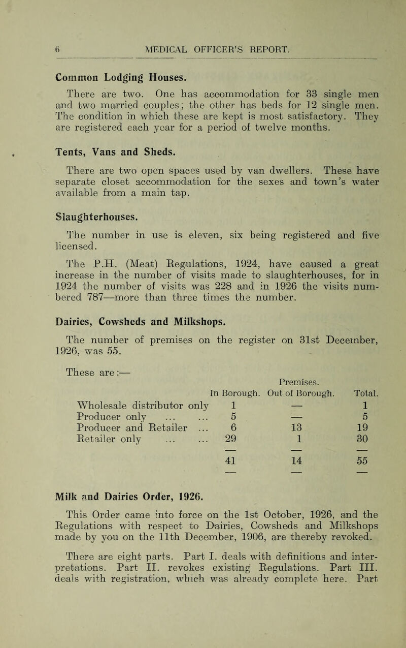 Common Lodging Houses. There are two. One has accommodation for 33 single men and two married couples; the other has beds for 12 single men. The condition in which these are kept is most satisfactory. They are registered each year for a period of twelve months. Tents, Vans and Sheds. There are two open spaces used hy van dwellers. These have separate closet accommodation for the sexes and town’s water available from a main tap. Slaughterhouses. The number in use is eleven, six being registered and five licensed. The P.H. (Meat) Eegulations, 1924, have caused a great increase in the number of visits made to slaughterhouses, for in 1924 the number of visits was 228 and in 1926 the visits num¬ bered 787—more than three times the number. Dairies, Cowsheds and Milkshops. The number of premises on the register on 31st December, 1926, was 55. These are:— In Borough. Premises. Out of Borough. Total. Wholesale distributor only 1 — 1 Producer only 5 — 5 Pi’oducer and Eetailer ... 6 13 19 Eet.ail6r only 29 1 30 41 14 55 Milk and Dairies Order, 1926. This Order came into force on the 1st October, 1926, and the Eegulations with respect to Dairies, Cowsheds and Milkshops made by you on the 11th December, 1906, are thereby revoked. There are eight parts. Part I. deals with definitions and inter¬ pretations. Part II. revokes existing Eegulations. Part III. deals with registration, which was already complete here. Part