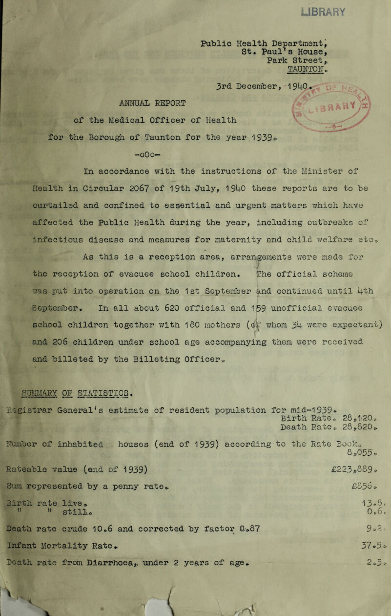 ■) LIBRARY Public Health Department, St. Paul’s House, Park Street, TAUNTON- 3rd December, 1940. ANNUAL REPORT A - * of the Medical Officer of Health for the Borough of Taunton for the year 1939*. -oOo— In accordance with the instructions of the Minister of Health in Circular 2067 of 19th July, 1940 these reports are to be curtailed and confined to essential and urgent matters which have affected the Public Health during the year, including outbreaks of infectious disease and measures for maternity and child welfare etc* As this is a reception area, arrangements were made for J the reception of evacuee school children. The official scheme was put into operation on the 1st September and continued until 4th September. In all about 620 official and 169 unofficial evacuee school children together with 180 mothers (dif whom 34 were expectant) and 206 children under school age accompanying them were received and billeted by the Billeting Officer.,. ft A H V SUMMARY OF STATISTICS. Registrar General's estimate of resident population for mid-1939* Birth Rate0 28j,1'20;, Death Rate* 28,820* Number of inhabited houses (end of 1939) according to the Rate Book* 8*055* Rateable value (end of 1939) Sum represented by a penny rate, Birth rate live* *' stilLc £223,889* £o3c * 13*8, O06 „ Death rate crude 10.6 and corrected by factor 0*87 Infant Mortality Rate. Death rate from Diarrhoea,, under 2 years of age. 9.2, 37*9* O P c. o
