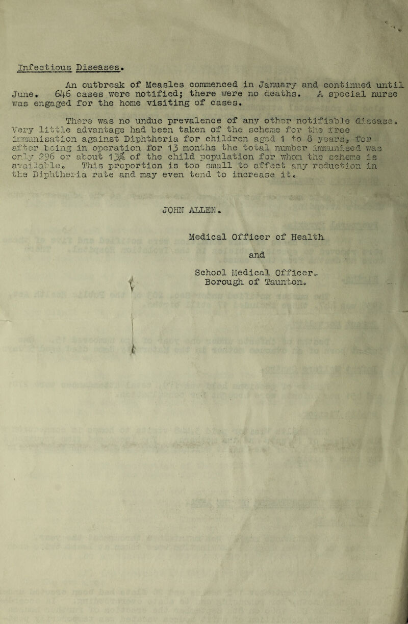 Infectious Diseases An outbreak of Measles commenced in January and continued unti June* 646 cases were notified; there were no deaths. A special nurse was engaged for the home visiting of cases. There was no undue prevalence of any other notifiable disease. Very little advantage had been taken of the scheme for the free immunisation against Diphtheria for children aged 1 to 8 yearss for after being in operation for 13 months the total number immunised was only 296 or about 1of the child population for whom the scheme is available* This proportion is too small to affect any reduction in the Diphtheria rate and may even tend to increase it. JOHN ALLEN. Medical Officer of Health, and School Medical Officer.- Borough of Taunton.,