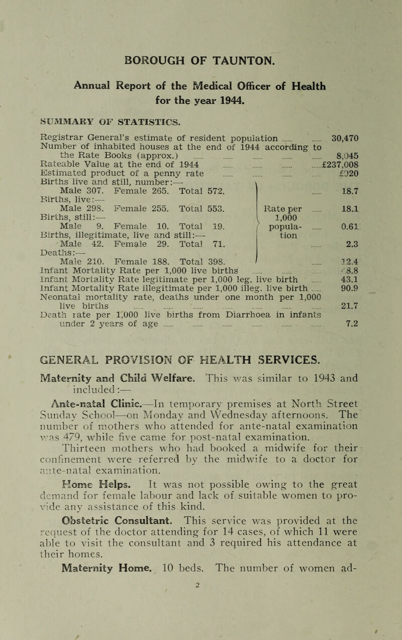 BOROUGH OF TAUNTON. Annual Report of the Medical Officer of Health for the year 1944. SUMMARY OF STATISTICS. Registrar General’s estimate of resident population . Number of inhabited houses at the end of 1944 according to the Rate Books (approx.) . Rateable Value at the end of 1944 Estimated product of a penny rate Births live and still, number:—■ Male 307. Female 265. Total 572. Births, live:— Male 298. Births, still:— Male 9. Female 255. Total 553. 19. Rate per 1,000 popula¬ tion Female 10. Total Births, illegitimate, live and still:—• Male 42. Female 29. Total 71. Deaths:— Male 210. Female 188. Total 398. / Infant Mortality Rate per 1,000 live births . Infant Mortality Rate legitimate per 1,000 leg. live birth Infant Mortality Rate illegitimate per 1,000 illeg. live birth Neonatal mortality rate, deaths under one month per 1,000 live births Death rate per 1,000 live births from Diarrhoea in infants under 2 years of age. 30,470 8,045 £237,008 £320 18.7 18.1 0.61 2.3 12.4 '8.8 43.1 90.9 21.7 7.2 GENERAL PROVISION OF HEALTH SERVICES. Maternity and Child Welfare. This was similar to 1943 and included:— Ante-natal Clinic.—In temporary premises at North Street Sunday School—on Monday and Wednesday afternoons. The number of mothers who attended for ante-natal examination was 479, while five came for post-natal examination. Thirteen mothers who had booked a midwife for their confinement were referred by the midwife to a doctor for ante-natal examination. Home Helps. It was not possible owing to the great demand for female labour and lack of suitable women to pro¬ vide any assistance of this kind. Obstetric Consultant. This service was provided at the request of the doctor attending for 14 cases, of which 11 were able to visit the consultant and 3 required his attendance at their homes. Maternity Home. 10 beds. The number of women ad-