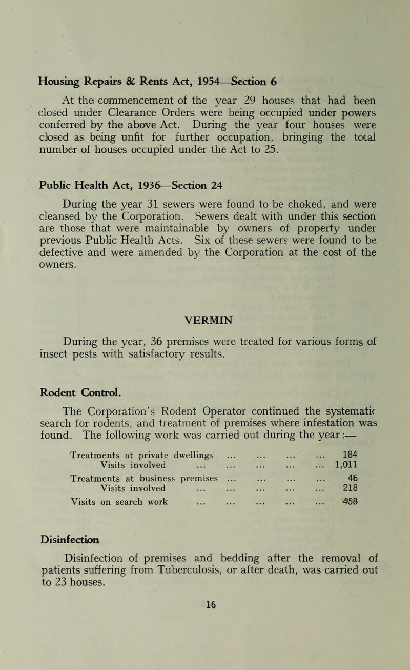 Housing Repairs 6l Rents Act, 1954—Section 6 At the commencement of the year 29 houses that had been closed under Clearance Orders were being occupied under powers conferred by the above Act. During the year four houses were closed as being unfit for further occupation, bringing the total number of houses occupied under the Act to 25. Public Health Act, 1936—Section 24 During the year 31 sewers were found to be choked, and were cleansed by the Corporation. Sewers dealt with under this section are those that were maintainable by owners of property under previous Public Health Acts. Six of these sewers were found to be defective and were amended by the Corporation at the cost of the owners. VERMIN During the year, 36 premises were treated for various forms of insect pests with satisfactory results. Rodent Control. The Corporation’s Rodent Operator continued the systematif search for rodents, and treatment of premises where infestation was found. The following work was carried out during the year;— Treatments at private dwellings ... ... ... ... 184 Visits involved ... ... ... ... ... 1,011 Treatments at business premises ... ... ... ... 46 Visits involved ... ... ... ... ... 218 Visits on search work ... ... ... ... ... 4'5Q Disinfection Disinfection of premises and bedding after the removal of patients suffering from Tuberculosis, or after death, was carried out to 23 houses.