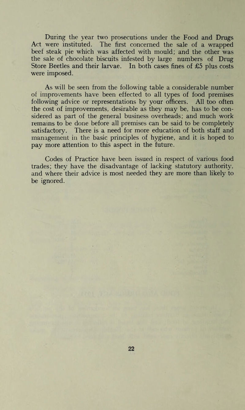 During the year two prosecutions under the Food and Drugs Act were instituted. The first concerned the sale of a wrapped beef steak pie which was affected with mould; and the other was the sale of chocolate biscuits infested by large numbers of Drug Store Beetles and their larvae. In both cases fines of £5 plus costs were imposed. As will be seen from the following table a considerable number of improvements have been effected to all types of food premises following advice or representations by your officers. All too often the cost of improvements, desirable as they may be, has to be con¬ sidered as part of the general business overheads; and much work remains to be done before all premises can be said to be completely satisfactory'. There is a need for more education of both staff and management in the basic principles of hygiene, and it is hoped to pay more attention to this aspect in the future. Codes of Practice have been issued in respect of various food trades; they have the disadvantage of lacking statutory authority, and where their advice is most needed they are more than likely to be ignored.