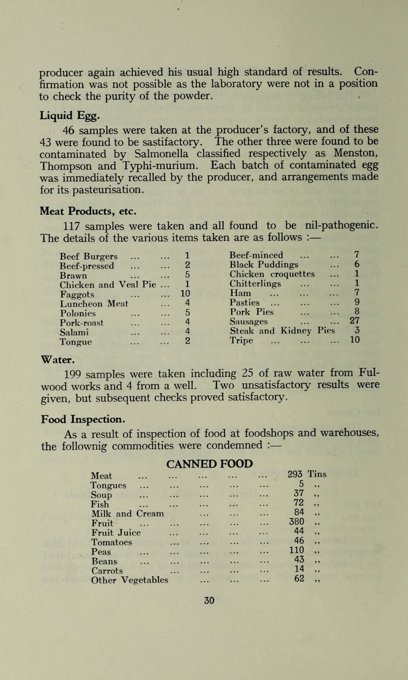 producer again achieved his usual high standard of results. Con¬ firmation was not possible as the laboratory were not in a position to check the purity of the powder. Liquid Egg. 46 samples were taken at the producer’s factory, and of these 43 were found to be sastifactory. The other three were found to be contaminated by Salmonella classified respectively as Menston, Thompson and Typhi-murium. Each batch of contaminated egg was immediately recalled by the producer, and arrangements made for its pasteurisation. Meat Products, etc. 117 samples were taken and all found to be nil-pathogenic. The details of the various items taken are as follows :— Beef Burgers ... ... 1 Beef-pressed ... ... 2 Brawn ... ... 5 Chicken and Veal Pie ... 1 Faggots ... 10 Luncheon Meat ... 4 Polonies ... ... 5 Pork-roast ... ■ ■ ■ 4 Salami ... ... 4 Tongue ... ... 2 Beef-minced ... ... 7 Black Puddings ... 6 Chicken croquettes ... 1 Chitterlings ... ... 1 Ham ... ... ... 7 Pasties ... ... ... 9 Pork Pies ... ... 8 Sausages ... ... 27 Steak and Kidney Pies 3 Tripe ... ... ... 10 Water. 199 samples were taken including 25 of raw water from Ful- wood works and 4 from a well. Two unsatisfactory results were given, but subsequent checks proved satisfactory. Food Inspection. As a result of inspection of food at foodshops and warehouses, the follownig commodities were condemned :— CANNED FOOD Meat Tongues Soup Fish . Milk and Cream Fruit Fruit Juice Tomatoes Peas Beans Carrots Other Vegetables 293 Tins 5 „ 37 „ 72 „ 84 .. 380 ., 44 .. 46 „ 110 „ 43 .. 14 „ 62 „