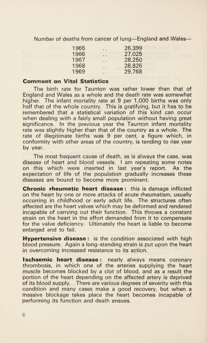 Number of deaths from cancer of lung—England and Wales— 26,399 27,025 28,250 28,826 29,768 1965 1966 1967 1968 1969 Comment on Vital Statistics The birth rate for Taunton was rather lower than that of England and Wales as a whole and the death rate was somewhat higher. The infant mortality rate at 9 per 1,000 births was only half that of the whole country. This is gratifying, but it has to be remembered that a statistical variation of this kind can occur when dealing with a fairly small population without having great significance. In the previous year the Taunton infant mortality rate was slightly higher than that of the country as a whole. The rate of illegitimate births was 9 per cent, a figure which, in conformity with other areas of the country, is tending to rise year by year. The most frequent cause of death, as is always the case, was disease of heart and blood vessels. I am repeating some notes on this which were inserted in last year's report. As the expectation of life of the population gradually increases these diseases are bound to become more prominent. Chronic rheumatic heart disease : this is damage inflicted on the heart by one or more attacks of acute rheumatism, usually occurring in childhood or early adult life. The structures often affected are the heart valves which may be deformed and rendered incapable of carrying out their function. This throws a constant strain on the heart in the effort demanded from it to compensate for the valve deficiency. Ultimately the heart is liable to become enlarged and to fail. Hypertensive disease : is the condition associated with high blood pressure. Again a long-standing strain is put upon the heart in overcoming increased resistance to its action. Ischaemic heart disease: nearly always means coronary thrombosis, in which one of the arteries supplying the heart muscle becomes blocked by a clot of blood, and as a result the portion of the heart depending on the affected artery is deprived of its blood supply. There are various degrees of severity with this condition and many cases make a good recovery, but when a massive blockage takes place the heart becomes incapable of performing its function and death ensues.