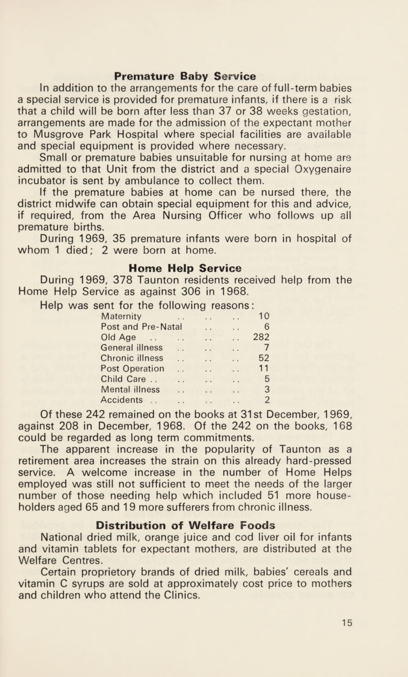 Premature Baby Service In addition to the arrangements for the care of full-term babies a special service is provided for premature infants, if there is a risk that a child will be born after less than 37 or 38 weeks gestation, arrangements are made for the admission of the expectant mother to Musgrove Park Hospital where special facilities are available and special equipment is provided where necessary. Small or premature babies unsuitable for nursing at home are admitted to that Unit from the district and a special Oxygenaire incubator is sent by ambulance to collect them. If the premature babies at home can be nursed there, the district midwife can obtain special equipment for this and advice, if required, from the Area Nursing Officer who follows up all premature births. During 1969, 35 premature infants were born in hospital of whom 1 died; 2 were born at home. Home Help Service During 1969, 378 Taunton residents received help from the Home Help Service as against 306 in 1968. Help was sent for the following reasons: Maternity .. .. .. 10 Post and Pre-Natai .. .. 6 Old Age .. .. .. .. 282 General illness .. .. .. 7 Chronic illness. 52 Post Operation .. .. .. 11 Child Care .. .. .. .. 5 Mental illness .. .. .. 3 Accidents .. .. .. .. 2 Of these 242 remained on the books at 31 st December, 1 969, against 208 in December, 1968. Of the 242 on the books, 168 could be regarded as long term commitments. The apparent increase in the popularity of Taunton as a retirement area increases the strain on this already hard-pressed service. A welcome increase in the number of Home Helps employed was still not sufficient to meet the needs of the larger number of those needing help which included 51 more house¬ holders aged 65 and 19 more sufferers from chronic illness. Distribution of Welfare Foods National dried milk, orange juice and cod liver oil for infants and vitamin tablets for expectant mothers, are distributed at the Welfare Centres. Certain proprietory brands of dried milk, babies' cereals and vitamin C syrups are sold at approximately cost price to mothers and children who attend the Clinics.