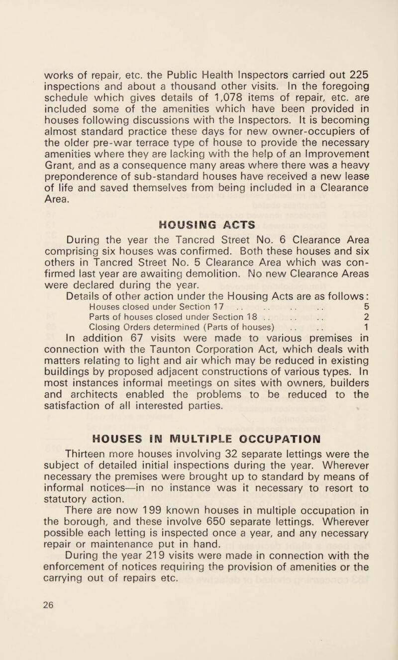 works of repair, etc. the Public Health Inspectors carried out 225 inspections and about a thousand other visits. In the foregoing schedule which gives details of 1,078 items of repair, etc. are included some of the amenities which have been provided in houses following discussions with the Inspectors. It is becoming almost standard practice these days for new owner-occupiers of the older pre-war terrace type of house to provide the necessary amenities where they are lacking with the help of an Improvement Grant, and as a consequence many areas where there was a heavy preponderence of sub-standard houses have received a new lease of life and saved themselves from being included in a Clearance Area. HOUSING ACTS During the year the Tancred Street No. 6 Clearance Area comprising six houses was confirmed. Both these houses and six others in Tancred Street No. 5 Clearance Area which was con¬ firmed last year are awaiting demolition. No new Clearance Areas were declared during the year. Details of other action under the Housing Acts are as follows: Houses closed under Section 17 .. .. .. .. 5 Parts of houses closed under Section 18 .. .. .. 2 Closing Orders determined (Parts of houses) .. .. 1 In addition 67 visits were made to various premises in connection with the Taunton Corporation Act, which deals with matters relating to light and air which may be reduced in existing buildings by proposed adjacent constructions of various types. In most instances informal meetings on sites with owners, builders and architects enabled the problems to be reduced to the satisfaction of all interested parties. MOUSES IN MULTIPLE OCCUPATION Thirteen more houses involving 32 separate lettings were the subject of detailed initial inspections during the year. Wherever necessary the premises were brought up to standard by means of informal notices—in no instance was it necessary to resort to statutory action. There are now 199 known houses in multiple occupation in the borough, and these involve 650 separate lettings. Wherever possible each letting is inspected once a year, and any necessary repair or maintenance put in hand. During the year 219 visits were made in connection with the enforcement of notices requiring the provision of amenities or the carrying out of repairs etc.