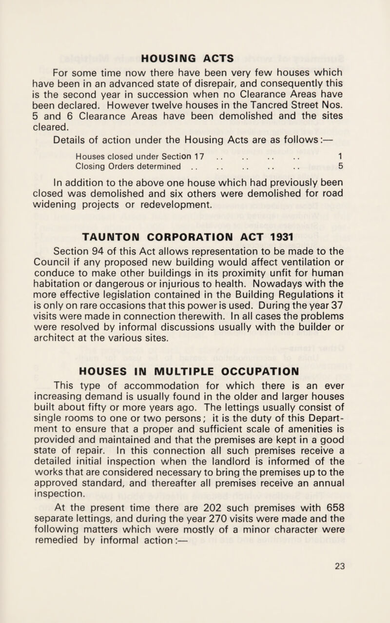 HOUSING ACTS For some time now there have been very few houses which have been in an advanced state of disrepair, and consequently this is the second year in succession when no Clearance Areas have been declared. However twelve houses in the Tancred Street Nos. 5 and 6 Clearance Areas have been demolished and the sites cleared. Details of action under the Housing Acts are as follows:— Houses closed under Section 17. 1 Closing Orders determined .. .. .. .. .. 5 In addition to the above one house which had previously been closed was demolished and six others were demolished for road widening projects or redevelopment. TAUNTON CORPORATION ACT 1931 Section 94 of this Act allows representation to be made to the Council if any proposed new building would affect ventilation or conduce to make other buildings in its proximity unfit for human habitation or dangerous or injurious to health. Nowadays with the more effective legislation contained in the Building Regulations it is only on rare occasions that this power is used. During the year 37 visits were made in connection therewith. In all cases the problems were resolved by informal discussions usually with the builder or architect at the various sites. HOUSES IN MULTIPLE OCCUPATION This type of accommodation for which there is an ever increasing demand is usually found in the older and larger houses built about fifty or more years ago. The lettings usually consist of single rooms to one or two persons; it is the duty of this Depart¬ ment to ensure that a proper and sufficient scale of amenities is provided and maintained and that the premises are kept in a good state of repair. In this connection all such premises receive a detailed initial inspection when the landlord is informed of the works that are considered necessary to bring the premises up to the approved standard, and thereafter all premises receive an annual inspection. At the present time there are 202 such premises with 658 separate lettings, and during the year 270 visits were made and the following matters which were mostly of a minor character were remedied by informal action:—