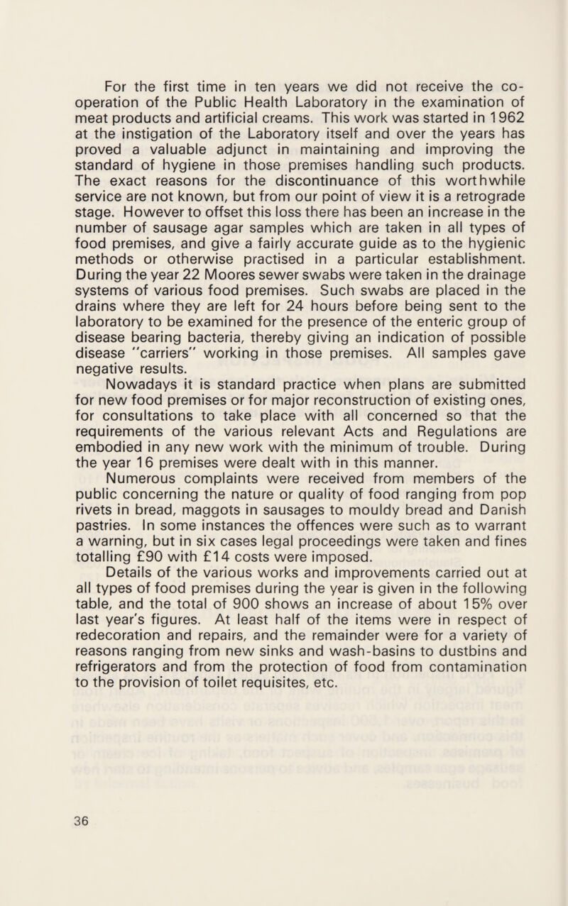 For the first time in ten years we did not receive the co¬ operation of the Public Health Laboratory in the examination of meat products and artificial creams. This work was started in 1962 at the instigation of the Laboratory itself and over the years has proved a valuable adjunct in maintaining and improving the standard of hygiene in those premises handling such products. The exact reasons for the discontinuance of this worthwhile service are not known, but from our point of view it is a retrograde stage. However to offset this loss there has been an increase in the number of sausage agar samples which are taken in all types of food premises, and give a fairly accurate guide as to the hygienic methods or otherwise practised in a particular establishment. During the year 22 Moores sewer swabs were taken in the drainage systems of various food premises. Such swabs are placed in the drains where they are left for 24 hours before being sent to the laboratory to be examined for the presence of the enteric group of disease bearing bacteria, thereby giving an indication of possible disease carriers working in those premises. All samples gave negative results. Nowadays it is standard practice when plans are submitted for new food premises or for major reconstruction of existing ones, for consultations to take place with all concerned so that the requirements of the various relevant Acts and Regulations are embodied in any new work with the minimum of trouble. During the year 16 premises were dealt with in this manner. Numerous complaints were received from members of the public concerning the nature or quality of food ranging from pop rivets in bread, maggots in sausages to mouldy bread and Danish pastries. In some instances the offences were such as to warrant a warning, but in six cases legal proceedings were taken and fines totalling £90 with £14 costs were imposed. Details of the various works and improvements carried out at all types of food premises during the year is given in the following table, and the total of 900 shows an increase of about 15% over last year's figures. At least half of the items were in respect of redecoration and repairs, and the remainder were for a variety of reasons ranging from new sinks and wash-basins to dustbins and refrigerators and from the protection of food from contamination to the provision of toilet requisites, etc.