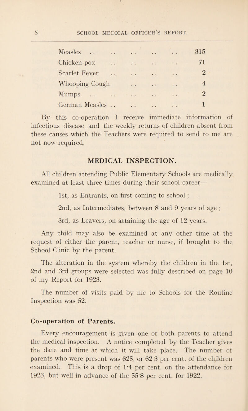 Measles . . . . . . . . . . 315 Chicken-pox . . . . . . . . 71 Scarlet Fever . . . . . . . . 2 Whooping Cough . . . . . . 4 Mumps . . . . . . . . . . 2 German Measles . . . . . . . . 1 By this co-operation I receive immediate information of infectious disease, and the weekly returns of children absent from these causes which the Teachers were required to send to me are not now required. MEDICAL INSPECTION. All children attending Public Elementary Schools are medically examined at least three times during their school career— 1st, as Entrants, on first coming to school ; 2nd, as Intermediates, between 8 and 9 years of age ; 3rd, as Leavers, on attaining the age of 12 years. Any child may also be examined at any other time at the request of either the parent, teacher or nurse, if brought to the School Clinic by the parent. The alteration in the system whereby the children in the 1st, 2nd and 3rd groups were selected was fully described on page 10 of my Report for 1923. The number of visits paid by me to Schools for the Routine Inspection was 52. Co-operation of Parents. Every encouragement is given one or both parents to attend the medical inspection. A notice completed by the Teacher gives the date and time at which it will take place. The number of parents who were present was 625, or 623 per cent, of the children examined. This is a drop of T4 per cent, on the attendance for 1923, but well in advance of the 55'8 per cent, for 1922.