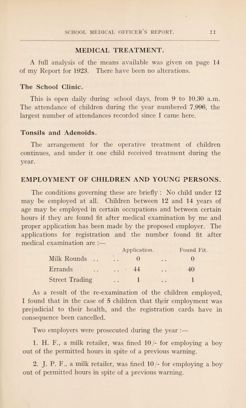 MEDICAL TREATMENT. A full analysis of the means available was given on page 14 of my Report for 1923. There have been no alterations. The School Clinic. This is open daily during school days, from 9 to 10.30 a.m. The attendance of children during the year numbered 7,996, the largest number of attendances recorded since I came here. Tonsils and Adenoids. The arrangement for the operative treatment of children continues, and under it one child received treatment during the year. EMPLOYMENT OF CHILDREN AND YOUNG PERSONS. The conditions governing these are briefly : No child under 12 may be employed at all. Children between 12 and 14 years of age may be employed in certain occupations and between certain hours if they are found fit after medical examination by me and proper application has been made by the proposed employer. The applications for registration and the number found fit after medical examination are :— Application. Found Fit Milk Rounds . . 0 0 Errands . . - 44 40 Street Trading 1 1 As a result of the re-examination of the children employed, I found that in the case of 5 children that their employment was prejudicial to their health, and the registration cards have in consequence been cancelled. Two employers were prosecuted during the year :— 1. H. F., a milk retailer, was fined 10/- for employing a boy out of the permitted hours in spite of a previous warning. 2. J. P. F., a milk retailer, was fined 10/- for employing a boy out of permitted hours in spite of a previous warning.