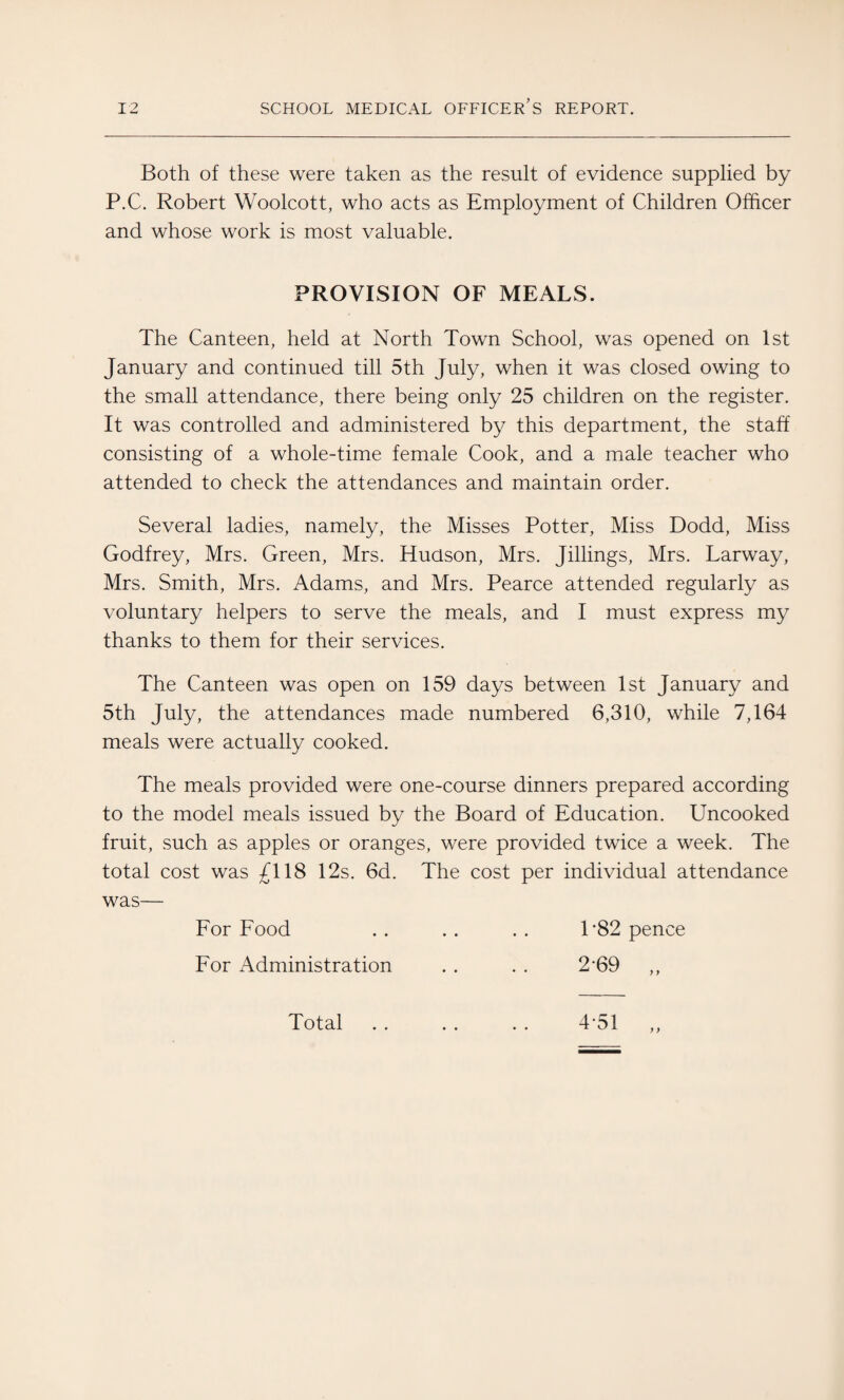 Both of these were taken as the result of evidence supplied by P.C. Robert Woolcott, who acts as Employment of Children Officer and whose work is most valuable. PROVISION OF MEALS. The Canteen, held at North Town School, was opened on 1st January and continued till 5th July, when it was closed owing to the small attendance, there being only 25 children on the register. It was controlled and administered by this department, the staff consisting of a whole-time female Cook, and a male teacher who attended to check the attendances and maintain order. Several ladies, namely, the Misses Potter, Miss Dodd, Miss Godfrey, Mrs. Green, Mrs. Hudson, Mrs. Jillings, Mrs. Larway, Mrs. Smith, Mrs. Adams, and Mrs. Pearce attended regularly as voluntary helpers to serve the meals, and I must express my thanks to them for their services. The Canteen was open on 159 days between 1st January and 5th July, the attendances made numbered 6,310, while 7,164 meals were actually cooked. The meals provided were one-course dinners prepared according to the model meals issued by the Board of Education. Uncooked fruit, such as apples or oranges, were provided twice a week. The total cost was £118 12s. 6d. The cost per individual attendance was— For Food .. .. .. 1 ’82 pence For Administration . . . . 2-69 y y Total 4-51