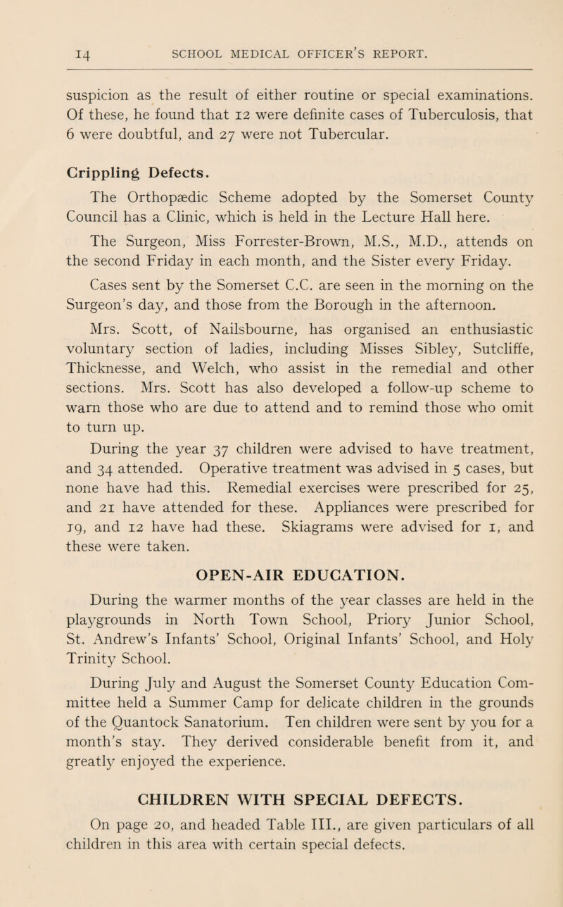 suspicion as the result of either routine or special examinations. Of these, he found that 12 were definite cases of Tuberculosis, that 6 were doubtful, and 27 were not Tubercular. Crippling Defects. The Orthopaedic Scheme adopted by the Somerset County Council has a Clinic, which is held in the Lecture Hall here. The Surgeon, Miss Forrester-Brown, M.S., M.D., attends on the second Friday in each month, and the Sister every Friday. Cases sent by the Somerset C.C. are seen in the morning on the Surgeon’s day, and those from the Borough in the afternoon. Mrs. Scott, of Nailsbourne, has organised an enthusiastic voluntary section of ladies, including Misses Sibley, Sutcliffe, Thicknesse, and Welch, who assist in the remedial and other sections. Mrs. Scott has also developed a follow-up scheme to warn those who are due to attend and to remind those who omit to turn up. During the year 37 children were advised to have treatment, and 34 attended. Operative treatment was advised in 5 cases, but none have had this. Remedial exercises were prescribed for 25, and 21 have attended for these. Appliances were prescribed for jg, and 12 have had these. Skiagrams were advised for 1, and these were taken. OPEN-AIR EDUCATION. During the warmer months of the year classes are held in the playgrounds in North Town School, Priory Junior School, St. Andrew’s Infants’ School, Original Infants’ School, and Holy Trinity School. During July and August the Somerset County Education Com¬ mittee held a Summer Camp for delicate children in the grounds of the Quantock Sanatorium. Ten children were sent by you for a month’s stay. They derived considerable benefit from it, and greatly enjoyed the experience. CHILDREN WITH SPECIAL DEFECTS. On page 20, and headed Table III., are given particulars of all children in this area with certain special defects.
