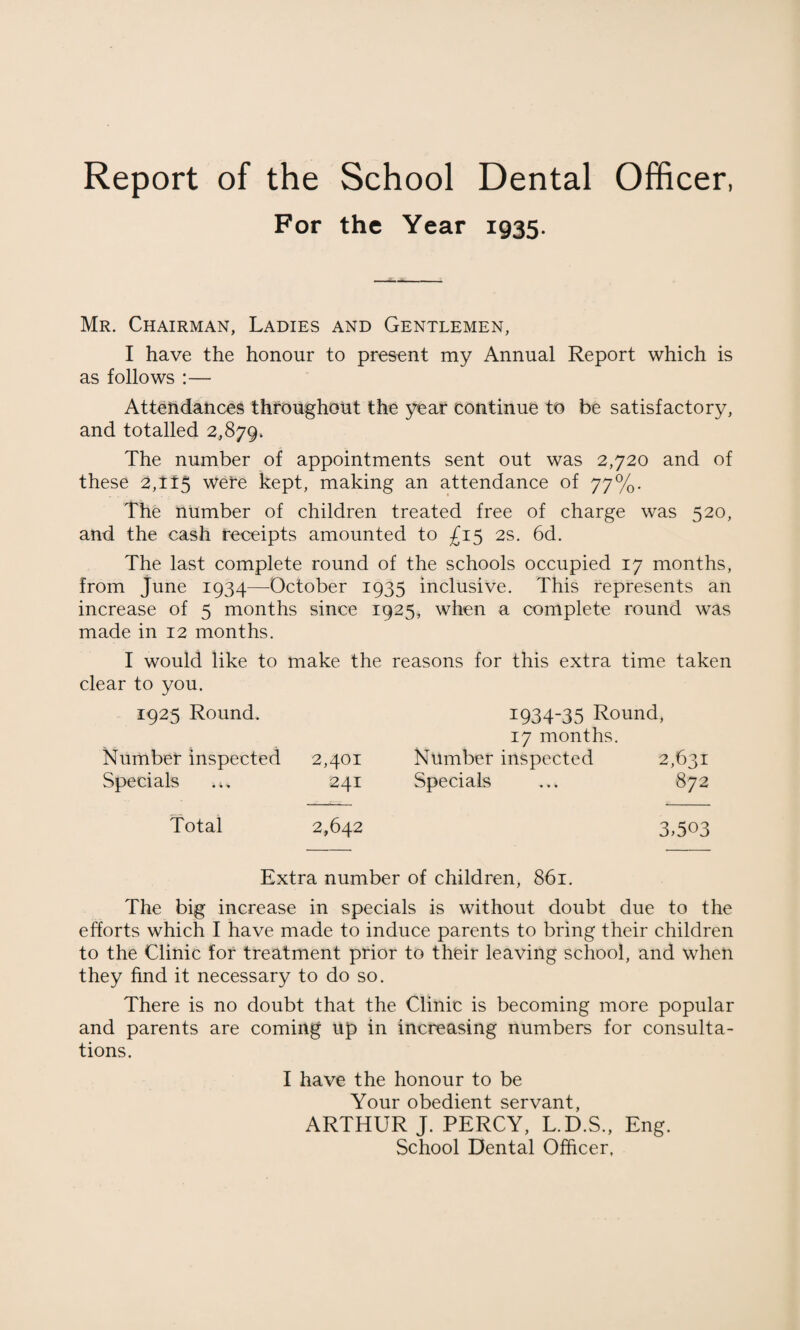 For the Year 1935. Mr. Chairman, Ladies and Gentlemen, I have the honour to present my Annual Report which is as follows :— Attendances throughout the year continue to be satisfactory, and totalled 2,879. The number of appointments sent out was 2,720 and of these 2,It5 were kept, making an attendance of 77%. The number of children treated free of charge was 520, and the cash receipts amounted to £15 2s. 6d. The last complete round of the schools occupied 17 months, from June 1934—October 1935 inclusive. This represents an increase of 5 months since 1925, when a complete round was made in 12 months. I would like to make the reasons for this extra time taken clear to you. 1925 Round, 1934-35 Round, 17 months. Number inspected 2,401 Number inspected 2,631 Specials 241 Specials 872 Total 2,642 3,503 Extra number of children, 861. The big increase in specials is without doubt due to the efforts which I have made to induce parents to bring their children to the Clinic for treatment prior to their leaving school, and when they find it necessary to do so. There is no doubt that the Clinic is becoming more popular and parents are coming up in increasing numbers for consulta¬ tions. I have the honour to be Your obedient servant, ARTHUR J. PERCY, L.D.S., Eng. School Dental Officer,