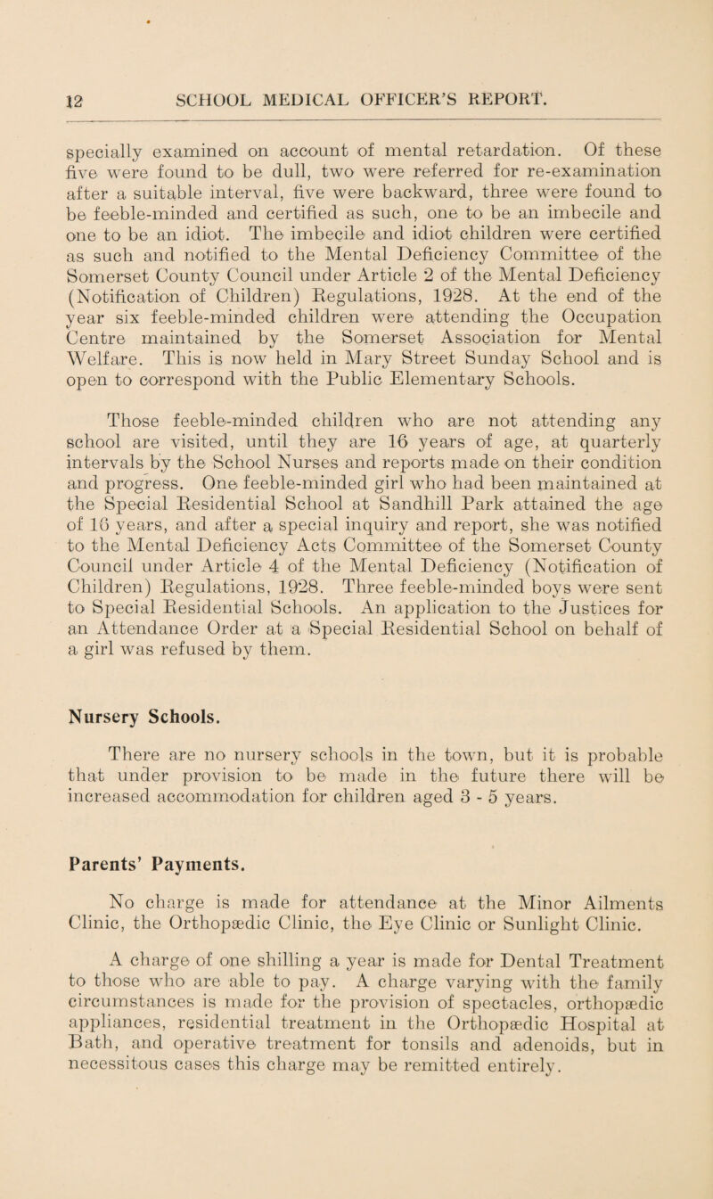 specially examined on account of mental retardation. Of these five were found to be dull, two were referred for re-examination after a suitable interval, five were backward, three were found to be feeble-minded and certified as such, one to be an imbecile and one to be an idiot. The imbecile and idiot children were certified as such and notified to the Mental Deficiency Committee of the Somerset County Council under Article 2 of the Mental Deficiency (Notification of Children) Regulations, 1928. At the end of the year six feeble-minded children were attending the Occupation Centre maintained by the Somerset Association for Mental Welfare. This is now held in Mary Street Sunday School and is open to correspond with the Public Elementary Schools. Those feeble-minded children who are not attending any school are visited, until they are 16 years of age, at quarterly intervals by the School Nurses and reports made on their condition and progress. One feeble-minded girl who had been maintained at the Special Residential School at Sandhill Park attained the age of 16 years, and after a special inquiry and report, she was notified to the Mental Deficiency Acts Committee of the Somerset County Council under Article 4 of the Mental Deficiency (Notification of Children) Regulations, 1928. Three feeble-minded boys were sent to Special Residential Schools. An application to the Justices for an Attendance Order at a Special Residential School on behalf of a girl was refused by them. Nursery Schools. There are no nursery schools in the town, but it is probable that under provision to be made in the future there will be increased accommodation for children aged 3-5 years. Parents’ Payments. No charge is made for attendance at the Minor Ailments Clinic, the Orthopaedic Clinic, the Eye Clinic or Sunlight Clinic. A charge of one shilling a year is made for Dental Treatment to those who are able to pay. A charge varying with the family circumstances is made for the provision of spectacles, orthopaedic appliances, residential treatment in the Orthopaedic Hospital at Bath, and operative treatment for tonsils and adenoids, but in necessitous cases this charge may be remitted entirely.