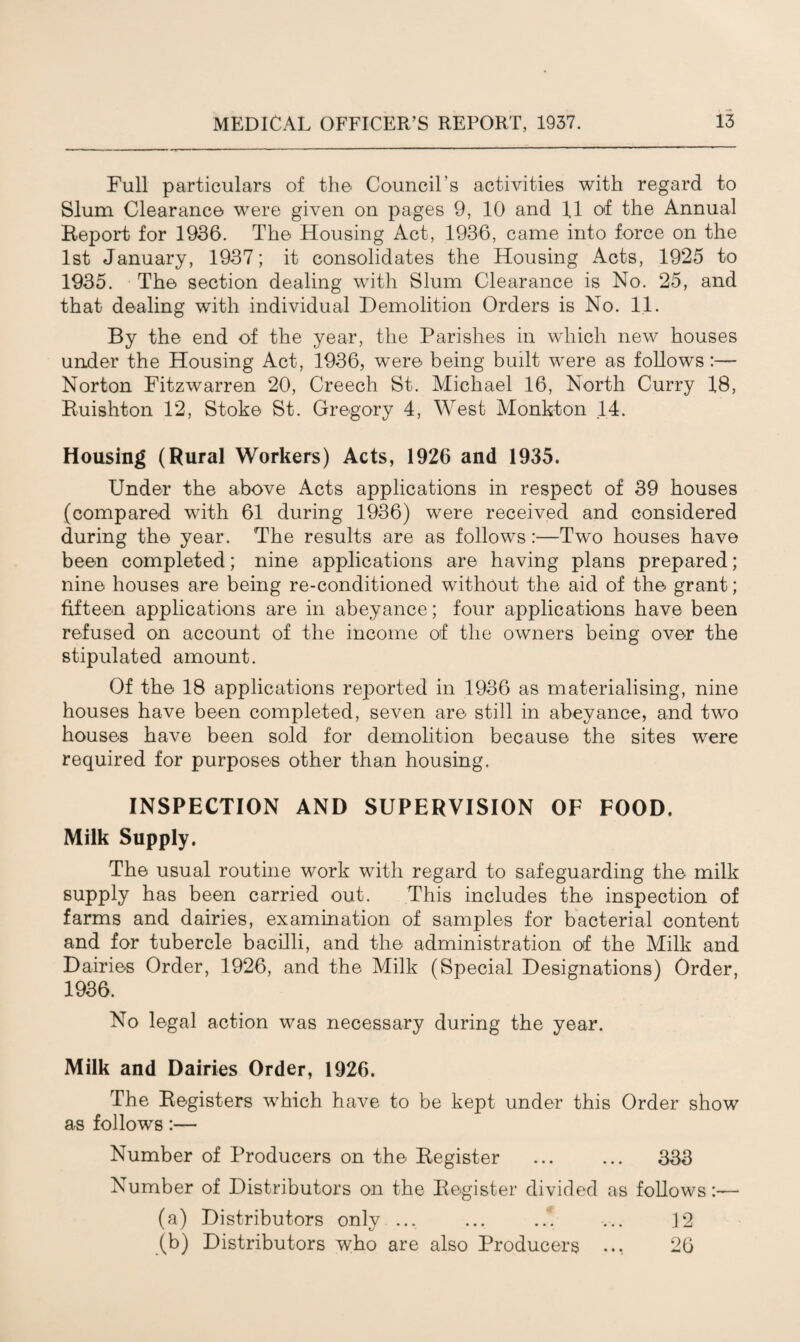 Full particulars of the Council's activities with regard to Slum Clearance were given on pages 9, 10 and 11 of the Annual Report for 1936. The Housing Act, 1936, came into force on the 1st January, 1937; it consolidates the Housing Acts, 1925 to 1935. The section dealing with Slum Clearance is No. 25, and that dealing with individual Demolition Orders is No. 11. By the end of the year, the Parishes in which new houses under the Housing Act, 1936, were being built were as follows:— Norton Fitzwarren 20, Creech St. Michael 16, North Curry 18, Ruishton 12, Stoke St. Gregory 4, West Monkton 14. Housing (Rural Workers) Acts, 1926 and 1935. Under the above Acts applications in respect of 39 houses (compared with 61 during 1936) were received and considered during the year. The results are as follows :—Two houses have been completed; nine applications are having plans prepared; nine houses are being re-conditioned without the aid of the grant; fifteen applications are in abeyance; four applications have been refused on account of the income of the owners being over the stipulated amount. Of the 18 applications reported in 1936 as materialising, nine houses have been completed, seven are still in abeyance, and two houses have been sold for demolition because the sites were required for purposes other than housing. INSPECTION AND SUPERVISION OF FOOD. Milk Supply. The usual routine work with regard to safeguarding the milk supply has been carried out. This includes the inspection of farms and dairies, examination of samples for bacterial content and for tubercle bacilli, and the administration of the Milk and Dairies Order, 1926, and the Milk (Special Designations) Order, 1936. No legal action was necessary during the year. Milk and Dairies Order, 1926. The Registers which have to be kept under this Order show as follows:— Number of Producers on the Register ... ... 333 Number of Distributors on the Register divided as follows:— (a) Distributors only ... ... ... ... 12 (b) Distributors who are also Producers ... 26