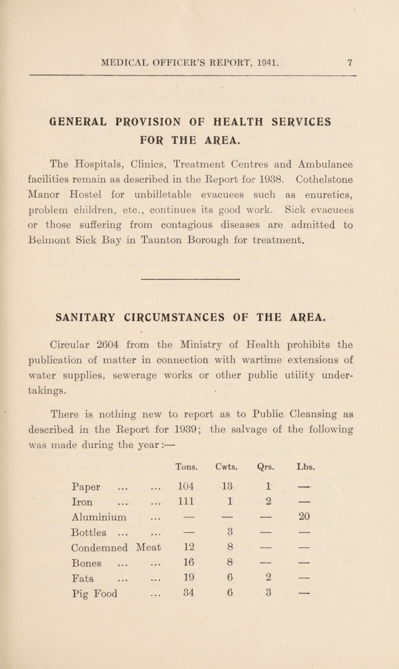 GENERAL PROVISION OF HEALTH SERVICES FOR THE AREA. The Hospitals, Clinics, Treatment Centres and Ambulance facilities remain as described in the Report for 1938. Cotbelstone Manor Hostel for unbilletable evacuees such as enuretics, problem children, etc., continues its good work. Sick evacuee's or those suffering from contagious diseases are admitted to Belmont Sick Bay in Taunton Borough for treatment. SANITARY CIRCUMSTANCES OF THE AREA. Circular 2604 from the Ministry of Health prohibits the publication of matter in connection with wartime extensions of water supplies, sewerage works or other public utility under¬ takings. There is nothing new to report as to Public Cleansing as described in the Report for 1939; the salvage of the following was made during the year:— Paper Tons. 104 Cwts. 13 Qrs. 1 Lbs, Iron 111 1 2 — Aluminium — — — 20 Bottles — 3 — — Condemned Meat 12 8 — — Bones 16 8 — — F ats •• • • •• 19 6 2 — Pig Food 34 6 3 —