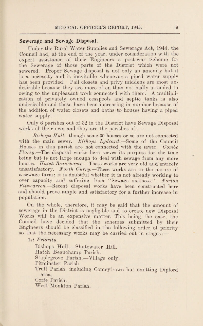 Sewerage and Sewage Disposal. Under the Rural Water Supplies and Sewerage Act, 1944, the Council had, at the end of the year, under consideration with the expert assistance of their Engineers a post-war Scheme for the Sewerage of those parts of the District which were not sewered. Proper Sewage disposal is not only an amenity but it is a necessity and is inevitable whenever a piped water supply has been provided. Pail closets and privy middens are most un¬ desirable because they are more often than not badly attended to owing to the unpleasant work connected with them. A multipli¬ cation of privately owned cesspools and septic tanks is also undesirable and these have been increasing in number because of the addition of water closets and baths to houses having a piped water supply. Only 6 parishes out of 32 in the District have Sewage Disposal works of their own and they are the parishes of:— Bishops Hull—though some 30 houses or so are not connected with the main sewer. Bishops Lydeard.—Some of the Council Houses in this parish are not connected with the sewer. Combe Florey.—The disposal works here serves its purpose for the time being but is not large enough to deal with sewage from any more houses. Hatch Beauchamp.—These works are very old and entirely unsatisfactory. North Curry.—These works are in the nature of a sewage farm; it is doubtful whether it is not already working to over capacity and suffering from “Sewage sickness.” Norton Fitzwarren.—Recent disposal works have been constructed here and should prove ample and satisfactory for a further increase in population. On the whole, therefore, it may be said that the amount of sewerage in the District is negligible and to create new Disposal Works will be an expensive matter. This being the case, the Council have decided that the schemes submitted by their Engineers should be classified in the following order of priority so that the necessary works may be carried out in stages:— ls£ Priority. Bishops Hull.—Shutewater Hill. Hatch Beauchamp Parish. Staplegrove Parish.—Village only. Pitminster Parish. Trull Parish, including Comeytrowe but omitting Dipford area, Corfe Parish. West Monkton Parish.