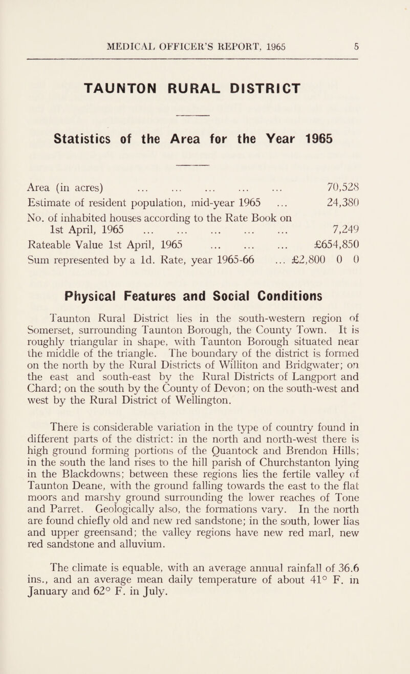 TAUNTON RURAL DISTRICT Statistics of the Area for the Year 1965 Area (in acres) Estimate of resident population, mid-year 1965 No. of inhabited houses according to the Rate Book on 1st April, 1965 7,249 Rateable Value 1st April, 1965 ... ... ... £654,850 Sum represented by a Id. Rate, year 1965-66 ... £2,800 0 0 Physical Features and Social Conditions Taunton Rural District lies in the south-western region of Somerset, surrounding Taunton Borough, the County Town. It is roughly triangular in shape, with Taunton Borough situated near the middle of the triangle. The boundary of the district is formed on the north by the Rural Districts of Williton and Bridgwater; on the east and south-east by the Rural Districts of Langport and Chard; on the south by the County of Devon; on the south-west and west by the Rural District of Wellington. There is considerable variation in the type of country found in different parts of the district: in the north and north-west there is high ground forming portions of the Quantock and Brendon Hills; in the south the land rises to the hill parish of Churchstanton lying in the Blackdowns; between these regions lies the fertile valley of Taunton Deane, with the ground falling towards the east to the flat moors and marshy ground surrounding the lower reaches of Tone and Parret. Geologically also, the formations vary. In the north are found chiefly old and new red sandstone; in the south, lower lias and upper greensand; the valley regions have new red marl, new red sandstone and alluvium. The climate is equable, with an average annual rainfall of 36.6 ins., and an average mean daily temperature of about 41° F. in January and 62° F. in July.