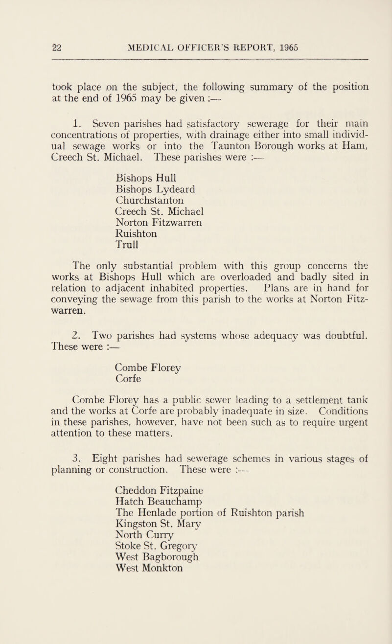 took place on the subject, the following summary of the position at the end of 1965 may be given :— 1. Seven parishes had satisfactory sewerage for their mam concentrations of properties, with drainage either into small individ¬ ual sewage works or into the Taunton Borough works at Ham, Creech St. Michael. These parishes were :— Bishops Hull Bishops Lydeard Churchstanton Creech St. Michael Norton Fitzwarren Ruishton Trull The only substantial problem with this group concerns the works at Bishops Hull which are overloaded and badly sited in relation to adjacent inhabited properties. Plans are in hand for conveying the sewage from this parish to the works at Norton Fitz¬ warren. 2. Two parishes had systems whose adequacy was doubtful. These were :— Combe Florey Corfe Combe Florey has a public sewer leading to a settlement tank and the works at Corfe are probably inadequate in size. Conditions in these parishes, however, have not been such as to require urgent attention to these matters. 3. Eight parishes had sewerage schemes in various stages of planning or construction . These were :— Cheddon Fitzpaine Hatch Beauchamp The Henlade portion of Ruishton parish Kingston St. Mary North Curry Stoke St. Gregory West Bagborough West Monkton
