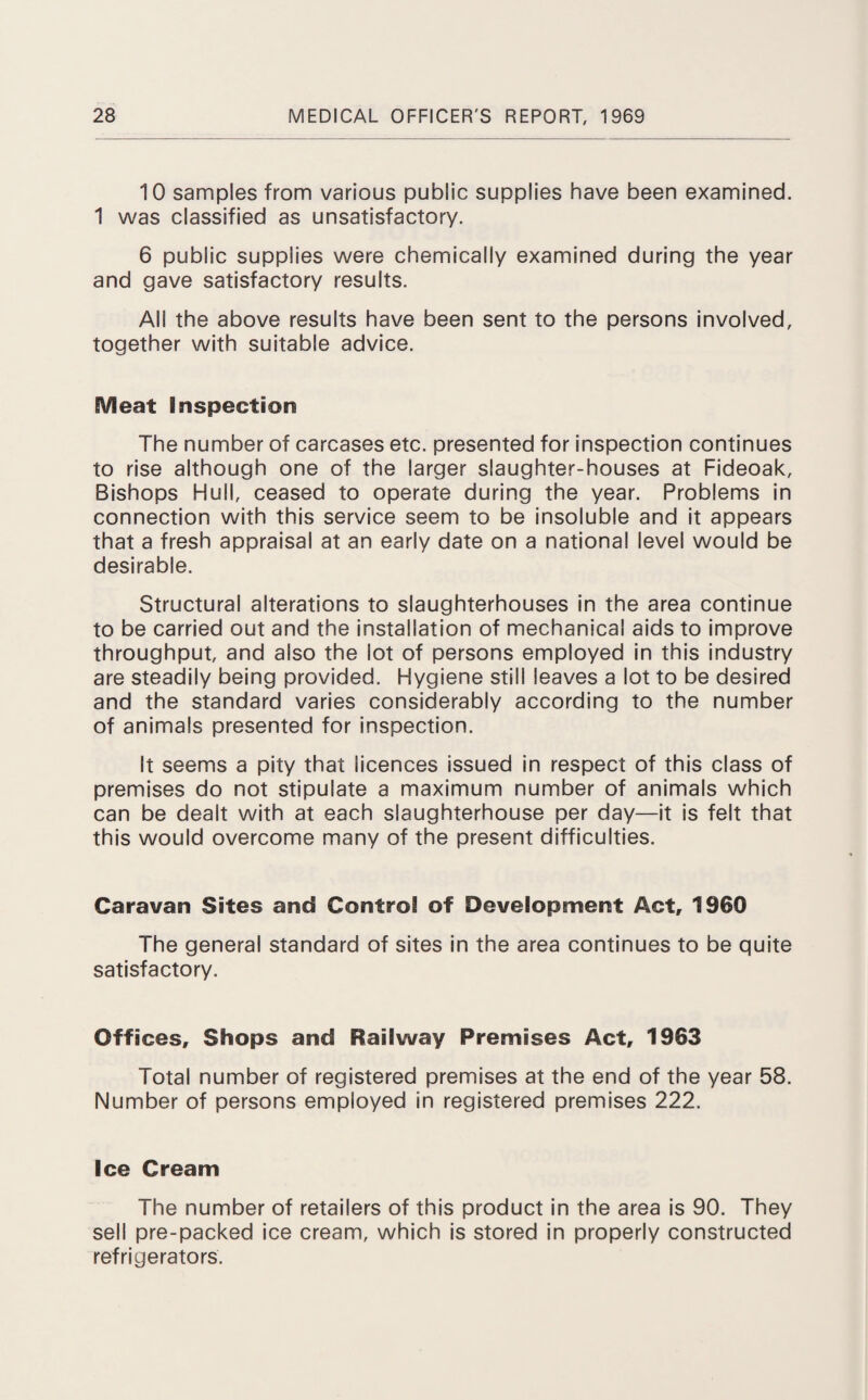 10 samples from various public supplies have been examined. 1 was classified as unsatisfactory. 6 public supplies were chemically examined during the year and gave satisfactory results. All the above results have been sent to the persons involved, together with suitable advice. Meat Inspection The number of carcases etc. presented for inspection continues to rise although one of the larger slaughter-houses at Fideoak, Bishops Hull, ceased to operate during the year. Problems in connection with this service seem to be insoluble and it appears that a fresh appraisal at an early date on a national level would be desirable. Structural alterations to slaughterhouses in the area continue to be carried out and the installation of mechanical aids to improve throughput, and also the lot of persons employed in this industry are steadily being provided. Hygiene still leaves a lot to be desired and the standard varies considerably according to the number of animals presented for inspection. It seems a pity that licences issued in respect of this class of premises do not stipulate a maximum number of animals which can be dealt with at each slaughterhouse per day—it is felt that this would overcome many of the present difficulties. Caravan Sites and Control of Development Act, 1960 The general standard of sites in the area continues to be quite satisfactory. Offices, Shops and Railway Premises Act, 1963 Total number of registered premises at the end of the year 58. Number of persons employed in registered premises 222. Ice Cream The number of retailers of this product in the area is 90. They sell pre-packed ice cream, which is stored in properly constructed refrigerators.