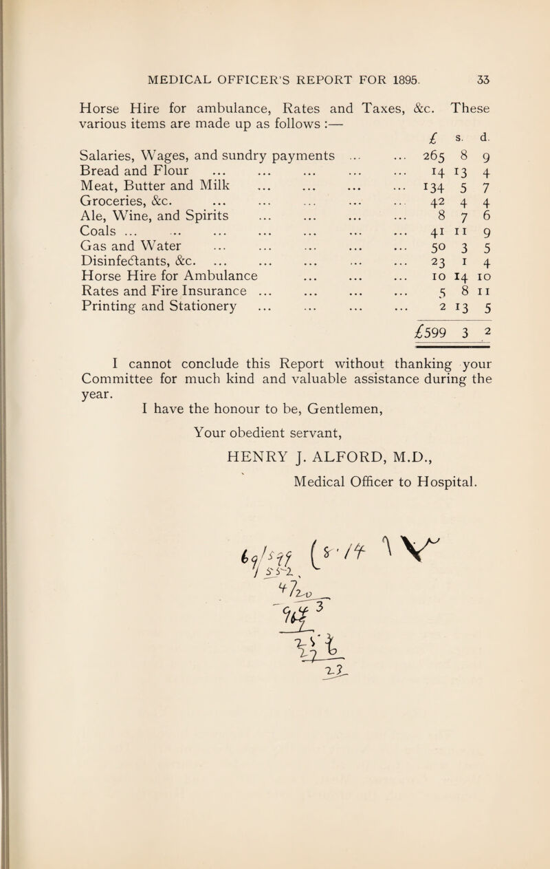 Horse Hire for ambulance, Rates and Taxes, &c. These various items are made up as follows :— £ s d- Salaries, Wages, and sundry payments Bread and Flour Meat, Butter and Milk Groceries, &c. Ale, Wine, and Spirits Coals ... ... ... ... ... Gas and Water Disinfectants, &c. Horse Hire for Ambulance Rates and Fire Insurance ... Printing and Stationery ... 26s 8 o 14 13 4 ••• 134 5 7 42 4 4 876 ... 41 11 9 50 3 5 ... 23 1 4 10 14 10 5 8 11 2 13 5 £599 3 2 I cannot conclude this Report without thanking your Committee for much kind and valuable assistance during the year. I have the honour to be, Gentlemen, Your obedient servant, HENRY J. ALFORD, M.D., Medical Officer to Hospital.