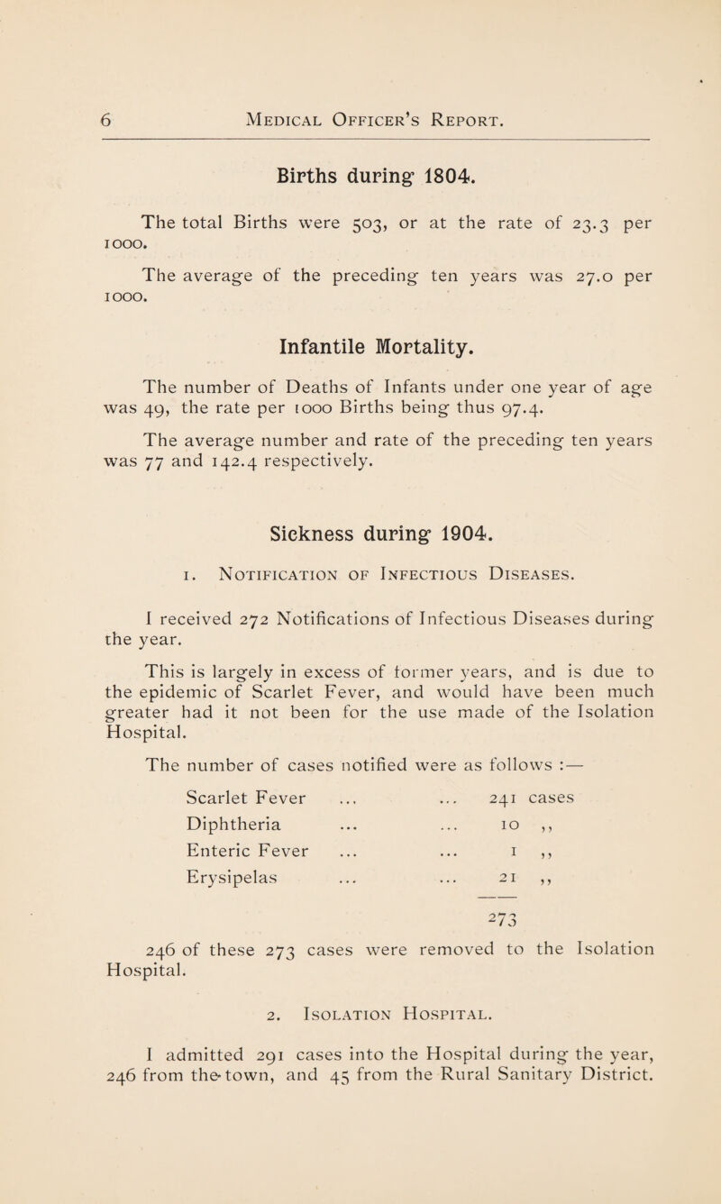 Births during* 1804. The total Births were 503, or at the rate of 23.3 per 1000. The average of the preceding ten years was 27.0 per 1000. Infantile Mortality. The number of Deaths of Infants under one year of age was 49, the rate per 1000 Births being thus 97.4. The average number and rate of the preceding ten years was 77 and 142.4 respectively. Sickness during 1904. 1. Notification of Infectious Diseases. I received 272 Notifications of Infectious Diseases during the year. This is largely in excess of former years, and is due to the epidemic of Scarlet Fever, and would have been much greater had it not been for the use made of the Isolation Hospital. The number of cases notified were as follows : — Scarlet Fever Diphtheria Enteric Fever Erysipelas 241 cases 10 ,, 1 ,, 21 ,, “/O 246 of these 273 cases were removed to the Isolation Hospital. 2. Isolation Hospital. I admitted 291 cases into the Hospital during the year, 246 from the-town, and 45 from the Rural Sanitary District.
