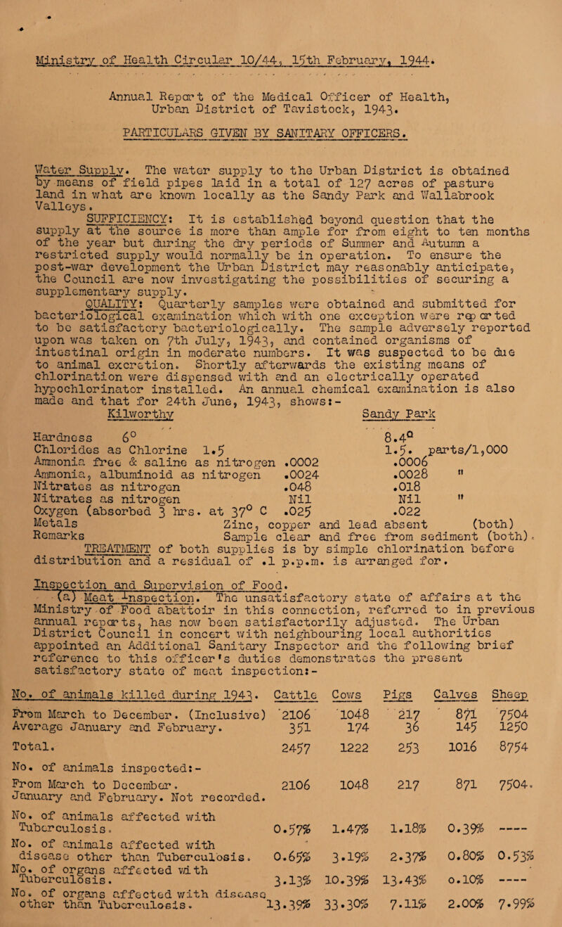 Ministry of Health Circular 10/44, 15th February, 194-4. Annual Repcrt of the Medical Officer of Health, Urban District of Tavistock, 194-3* PARTICULARS GIVBH BY SANITARY OFFICERS. V/ater Supply* The wa.ter supply to the Urban District is obtained by means of field pipes laid in a total of 127 acres of pasture land in v;hat are known, locally as the Sandy Park and V/allabrook Valleys. SUFFICIEHCY; It is established beyond question that the supply at the source is more than ample for from eight to ten months of the year but during the dry periods of Summer and Autumn a restricted supply would normally be in operation. To ensure the post-war development the Urban District may reasonably anticipate, the Council are now investigating the possibilities of securing a supplementary supply. QUALITYt Quarterly samples ¥/ere obtained and submitted for bacteriological examination which v/ith one exception were reported to be satisfactory bo-cteriologica.lly. The sample adversely reported upon was taken on JVa July, 19435 ond contained organisms of intestinal origin in moderate numbers. It was suspected to be due to animal excretion. Shortly aC*terwards the existing means of chlorination were dispensed with and an electrically operated hypochlorinator installed. An annue.1 chemical examination is also made and that for 24th June, 19435 shows Kilworthy Sandy Park Hardness 6° Chlorides as Chlorine 1*5 free & saline as nitrogen a, albuminoid as nitrogen Ammoni Ammoni nitrates as nitrogen Nitrates as nitrogen Oxygen (absorbed 3 Lrs. at 37^ ^ .0002 .0024 .048 Nil .025 8.4^ 1.5* parts/1,000 .0006 .0028  .018 Nil .022 It Zinc, copper and lead absent (both) Metals Remarks Sample clear and free from sediment (both) TPJDATMENT of both supplies is by simple chlorination before distribution and a residual of .1 p.p.m. is arranged for. Inspection and Supervision of Food. ^ ^a) Meat D-nspection. The unsatisfactory state of affairs at the Ministry^of Food'abattoir in this connection, referred to in previous amual reports, has nov^r been satisfactorily adjusted. The^Urban District Council in concert with neighbouring local authorities appointed an Additional Sanitary Inspector and the follov/ing brief reference to this officer's duties demonstrates the present satisfactory state of meat inspection:- No, of animals killed durin^r 1943. Cattle Cows Pigs Calves Sheep PY*om March to December. (Inclusive) '2106 '1048 217 871 '7504 Average January and February. 351 174 36 145 1250 Total, 2457 1222 253 1016 8754 No. of animals inspected:- Prom March to December. January and February. Not recorded. 2106 1048 217 871 7504. No, of animals affected with Tuberculosis. No. of animals affected with 0.57% 1.47% 1.18% 0.39% disease other than Tuberculosis. No. of organs affected vdth 0.65% 3-19% 2-37% 0.80% 0.53% Tuberculosis. No. of organs affected with disease 3 • 13% 10.39% 13-43% 0.10% mm ^ mm other than Tuberculosis. 13.39% 33.30% 7.11% 2.00% 7-99%