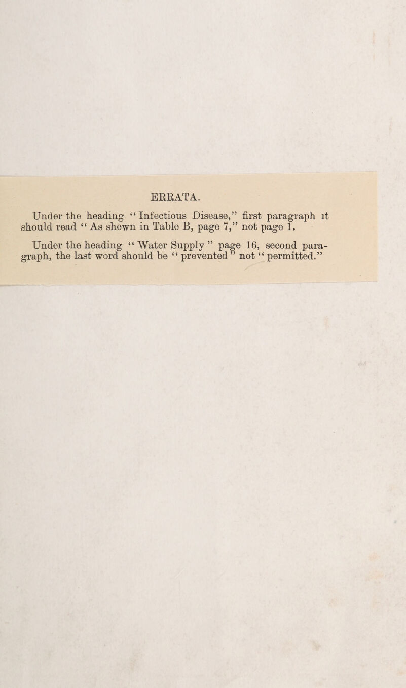 ERRATA. Under the heading “Infectious Disease,” first paragraph it should read “ As shewn in Table B, page 7,” not page 1. Under the heading “ Water Supply ” page 16, second para¬ graph, the last word should be “ prevented ” not “ permitted.”