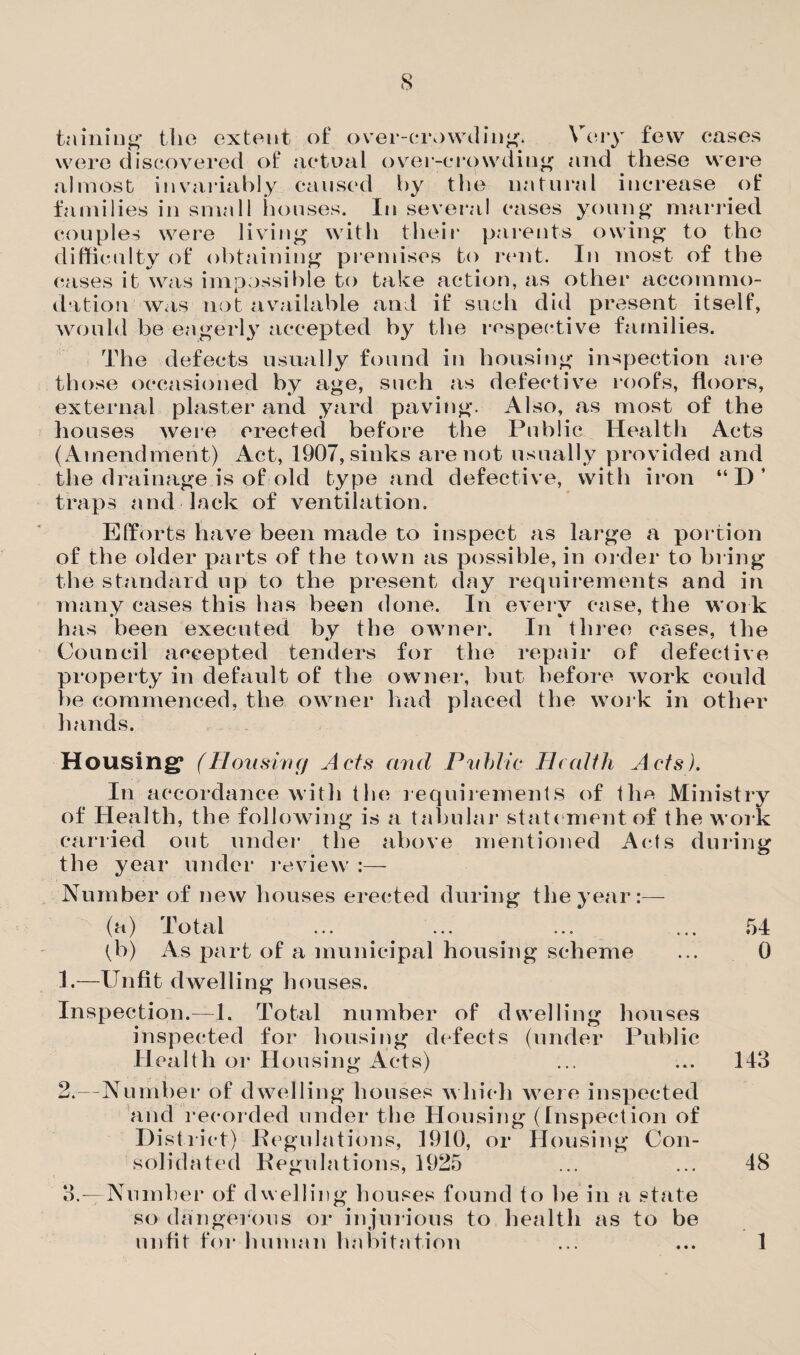 taming’ the extent of over-crowding* Very few eases were discovered of actual over-crowding and these were almost invariably caused by the natural increase of families in small houses. In several cases young married couples were living with their parents owing to the difficulty of obtaining premises to rent. In most of the cases it was impossible to take action, as other accommo¬ dation was not available and if such did present itself, would be eagerly accepted by the respective families. The defects usually found in housing inspection are those occasioned by age, such as defective roofs, floors, external plaster and yard paving. Also, as most of the houses were erected before the Public Health Acts (Amendment) Act, 1907, sinks are not usually provided and the drainage is of old type and defective, with iron “D’ traps and lack of ventilation. Efforts have been made to inspect as large a portion of the older parts of the town as possible, in older to bring the standard up to the present day requirements and in many cases this has been done. In every case, the work has been executed by the owner. In three cases, the Council accepted tenders for the repair of defective property in default of the owner, but before work could he commenced, the owner had placed the work in other hands. Housing* (Honsing A cts and Pnblie Health Acts). In accordance with the requirements of the Ministry of Health, the following is a tabular state ment of the work carried out under the above mentioned Acts during the year under review :— Number of new houses erected during the year:— (a) Total ... ... ... ... 54 (b) As part of a municipal housing scheme ... 0 1. —Unfit dwelling houses. Inspection.—1. Total number of dwelling houses inspected for housing defects (under Public II ealth or Housing Acts) ... ... 143 2. —Number of dwelling houses which were inspected and recorded under the Housing (Inspection of District) Regulations, 1910, or Housing Con¬ solidated Regulations, 1925 ... ... 48 3. —Number of dwelling houses found to he in a state so dangerous or injurious to health as to be unfit for human habitation ... ... 1