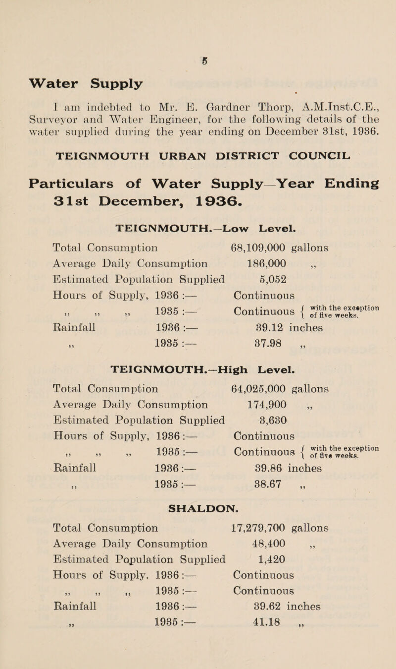 Water Supply I am indebted to Mr. E. Gardner Thorp, A.M.Inst.C.E., Surveyor and Water Engineer, for the following details of the water supplied during the year ending on December 31st, 1936. TEIGNMOUTH URBAN DISTRICT COUNCIL Particulars of Water Supply—Year Ending 31st December, 1936. TEIGNMOUTH. Total Consumption Average Daily Consumption Estimated Population Supplied Hours of Supply* 1936 :— 1935 :— Rainfall 1936 :— „ 1935 :— Low Level. 68,109,000 gallons 186,000 5,052 Continuous Continuous { 39.12 inches 37.98 „ TEIGNMOUTH.-—High Level. Total Consumption Average Daily Consumption Estimated Population Supplied Hours of Supply, 1936 „ „ „ 1935 Rainfall 1936 „ 1935 64,025,000 gallons 174,900 3,630 Continuous Continuous { £$**3^ 39.86 inches 38.67 „ Total Consumption SHALDON. 17,279,700 gallons Average Daily Consumption Estimated Population Supplied Hours of Supply, 1936 ,, ,, ,, 1935 Rainfall 1936 „ 1935 48,400 1,420 Continuous Continuous 39.62 inches 41.18