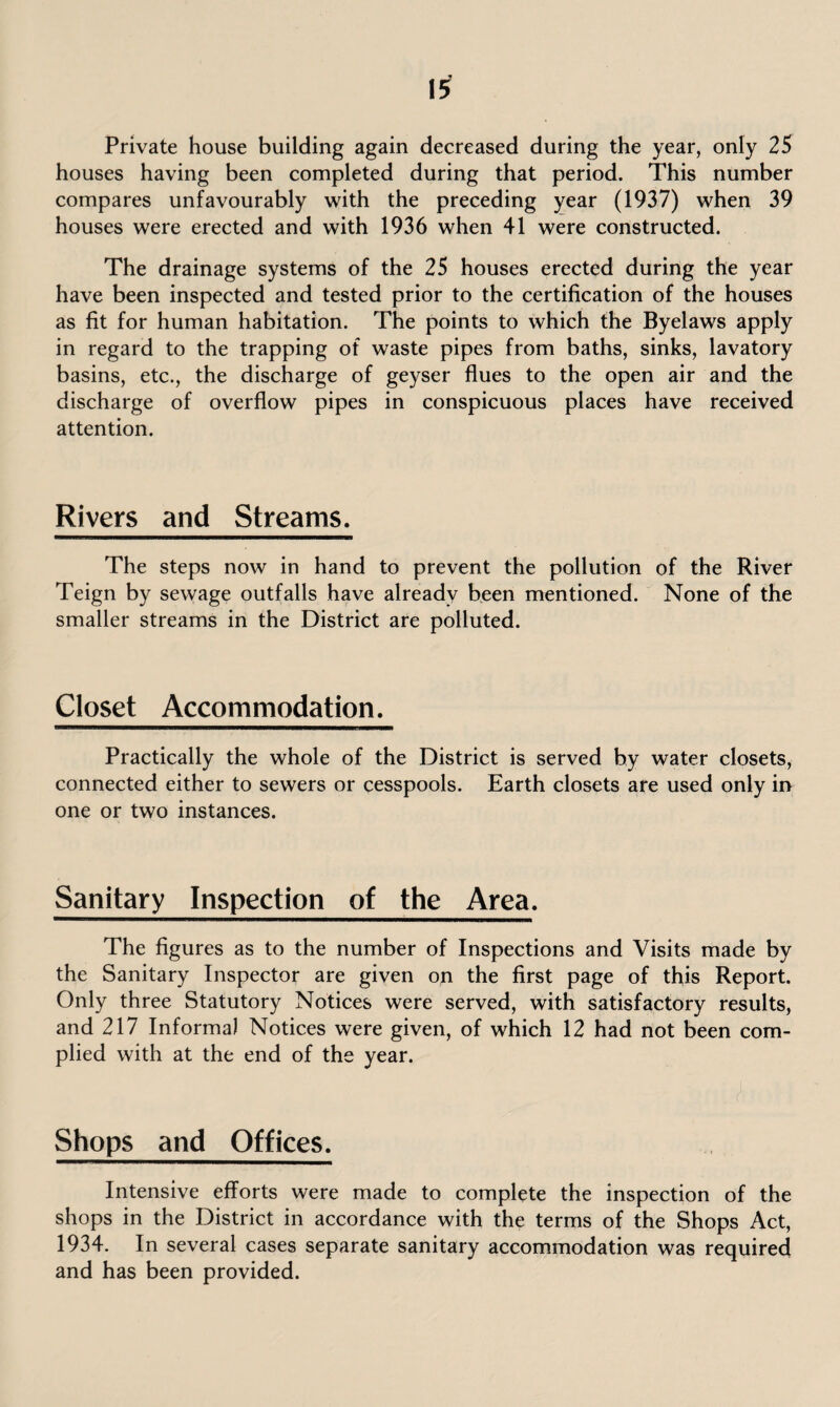 Private house building again decreased during the year, only 25 houses having been completed during that period. This number compares unfavourably with the preceding year (1937) when 39 houses were erected and with 1936 when 41 were constructed. The drainage systems of the 25 houses erected during the year have been inspected and tested prior to the certification of the houses as fit for human habitation. The points to which the Byelaws apply in regard to the trapping of waste pipes from baths, sinks, lavatory basins, etc., the discharge of geyser flues to the open air and the discharge of overflow pipes in conspicuous places have received attention. Rivers and Streams. The steps now in hand to prevent the pollution of the River Teign by sewage outfalls have already been mentioned. None of the smaller streams in the District are polluted. Closet Accommodation. Practically the whole of the District is served by water closets, connected either to sewers or cesspools. Earth closets are used only in one or two instances. Sanitary Inspection of the Area. The figures as to the number of Inspections and Visits made by the Sanitary Inspector are given on the first page of this Report. Only three Statutory Notices were served, with satisfactory results, and 217 Informal Notices were given, of which 12 had not been com¬ plied with at the end of the year. Shops and Offices. Intensive efforts were made to complete the inspection of the shops in the District in accordance with the terms of the Shops Act, 1934. In several cases separate sanitary accommodation was required and has been provided.