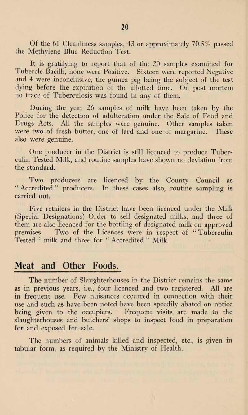 Of the 61 Cleanliness samples, 43 or approximately 70.5% passed the Methylene Blue Reduction Test. It is gratifying to report that of the 20 samples examined for Tubercle Bacilli, none were Positive. Sixteen were reported Negative and 4 were inconclusive, the guinea pig being the subject of the test dying before the expiration of the allotted time. On post mortem no trace of Tuberculosis was found in any of them. During the year 26 samples of milk have been taken by the Police for the detection of adulteration under the Sale of Food and Drugs Acts. All the samples were genuine. Other samples taken were two of fresh butter, one of lard and one of margarine. These also were genuine. One producer in the District is still licenced to produce Tuber¬ culin Tested Milk, and routine samples have shown no deviation from the standard. Two producers are licenced by the County Council as “ Accredited ” producers. In these cases also, routine sampling is carried out. Five retailers in the District have been licenced under the Milk (Special Designations) Order to sell designated milks, and three of them are also licenced for the bottling of designated milk on approved premises. Two of the Licences were in respect of “ Tuberculin Tested ” milk and three for “ Accredited ” Milk. Meat and Other Foods, The number of Slaughterhouses in the District remains the same as in previous years, i.e., four licenced and two registered. All are in frequent use. Few nuisances occurred in connection with their use and such as have been noted have been speedily abated on notice being given to the occupiers. Frequent visits are made to the slaughterhouses and butchers’ shops to inspect food in preparation for and exposed for sale. The numbers of animals killed and inspected, etc., is given in tabular form, as required by the Ministry of Health.