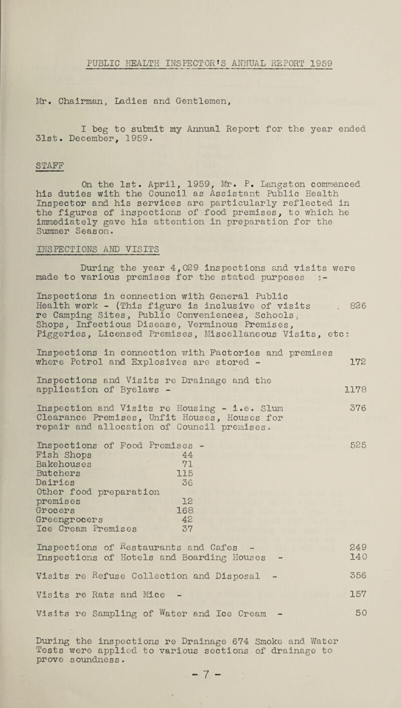 PUBLIC HEALTH INSPECTOR’S ANNUAL REPORT 1959 Mr. Chairman, Ladies and Gentlemen, I Leg to submit my Annual Report for the year ended 31st. December, 1959. STAFF On the 1st. April, 1959, Mr. P. Langston commenced his duties with the Council as Assistant Public Health Inspector and his services are particularly reflected in the figures of inspections of food premises, to which he immediately gave his attention in preparation for the Summer Season. INSPECTIONS AND VISITS During the year 4,029 inspections and visits were made to various premises for the stated purposes s- Inspections in connection with General Public Health work - (This figure is inclusive of visits . 826 re Camping Sites, Public Conveniences, Schools, Shops, Infectious Disease, Verminous Premises, Piggeries, Licensed Premises, Miscellaneous Visits, etcs Inspections in connection with Factories and premises where Petrol and Explosives are stored - 172 Inspections and Visits re Drainage and the application of Byelaws - 1178 Inspection and Visits re Housing - i.e. Slum 376 Clearance Premises, Unfit Houses, Houses for repair and allocation of Council premises. Inspections of Food Premises - 525 Fish Shops 44 Bakehouses 71 Butchers 115 Dairies 36 Other food preparation premises 12 Grocers 168 Greengrocers 42 Ice Cream Premises 37 Inspections of Restaurants and Cafes - 249 Inspections of Hotels and Boarding Houses - 140 Visits re Refuse Collection and Disposal - 356 Visits re Rats and Mice - 157 Visits re Sampling of Water and Ice Cream - 50 During the inspections re Drainage 674 Smoke and Water Tests were applied to various sections of drainage to prove soundness. - 7 -