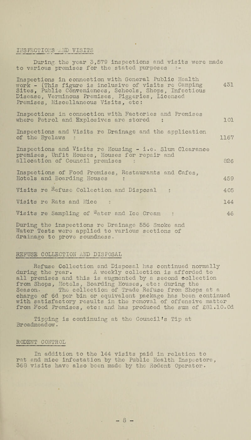 insPBCTioris ..iid visits Diiring. the year 3,579 inspections and visits v\/ere made to various promises for the stated purposes Inspections in connection v\/ith General Public Health work - (This figure is inclusive of visits re Camping 431 Sites, Public Conveniences, Schools, Shops, Infectious Disease, Verminous Premises, Piggeries, Licensed Premises, Miscellaneous Visits, etcs Inspections in connection with Factories and Premises Vi/here Petrol and Explosives are stored ; 101 Inspections and Visits re Drainage and the application of the Byelaws ^ 1167 Inspections and Visits re Housing - l.e. Slum Clearance premises. Unfit Houses, Houses for repair and allocation of Council premises ^ 826 Inspections of Pood Promises, Restaurants and Cafes, Hotels and Boarding Houses t 459 Visits re tiefuse Collection and Disposal : 405 Visits re Rats and Mice s 144 Visits re Sampling of «'^ater and Ice Cream j 46 During the inspections re Drainage 556 Smoke and Water Tests wore applied to various sections of drainage to prove soundness. REFUSE COLLECTION AMD DISPOSAL Refuse Collection and Disposal has continued normally during the year. A weekly collection is afforded to all premises and this is augmented by a second collection from Shops, Hotels, Boarding Houses, etes during the Season. The collection of Trade Refuse from Shops at a charge of 6d per bin or equivalent package has been continued with satisfactory results in the removal of offensive matter from Food Premises, etcs and has produced the sum of £81.10.0d Tipping is continuing at the Council's Tip at Br oadineadow. RODENT CONTROL In addition to the 144 visits paid in relation to rat and mice infestation by the Public Health Inspectors, 368 visits have also been made by the Rodent Operator. - 8 -