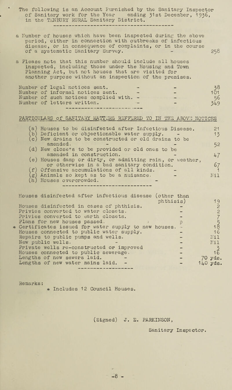 The following is an Account Furnished hy the Sanitary Inspector of Sanitary work for the Year ending ^1st Decemher, 195^? in the Til'lBURY RURAL Sanitary District. a Kumher of houses v/hich have been inspected during the above period, either in connection with outbreaks of infectious disease, or in consequence of complaints, or in the course of a systematic Sanitary Survey. - 258 a Please note that this number should include all houses inspected, including those under the Housing and Town Planning Act, but not houses that are visited for another purpose without an inspection of the premises. Number of legal notices sent. _ _ ^8 Number of informal notices sent. - - 101 Number of such notices complied with. - - 96 Number of letters v/ritten. - - 949 PARTICULARS of SANITARY IvIATTLRS RLFFLRED TO IN THE ABOV;.] NOTICES (a) Houses to be disinfected after Infectious Disease. 21 (b) Deficient or objectionable water supply. - I9 (c) New drains to be constructed or old drains to be amended. - - 52 (d) Nev/ close + s to be provided or old ones to be amended in construction. - 47 (e) Houses damp or dirty, or admitting rain, or weather, or otherwise in a bad sanitary condition. 67 (f) Offensive accumulations of all kinds. - 1 (g) Animals so kept as to be a nuisance. - Nil (h) Houses overcrowded. Houses disinfected after infectious disease (other than phthisis) Houses disinfected in cases of phthisis. Privies converted to v/ater closets. Privies converted to earth closets. Plans for new houses passed. ; p Certificates issued for water supply to new houses. - Houses connected to public water supply. Repairs to public pumps and wells. Nev/ public ¥/ells. Private wells re-constructed or improved Houses connected to public sewerage. Lengths of new sev/ers laid. Lengths of new v/ater mains laid. 19 2 2 7 16 Nil Nil 70 yds. 11fO yds. Remarks: * Includes 12 Council Houses. (Signed) J. E. PARKINSON, Sanitary Inspector. -8 -