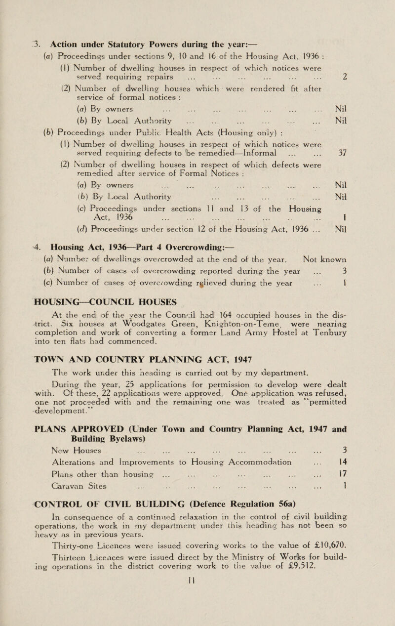 3. Action under Statutory Powers during the year:— (a) Proceedings under sections 9, 10 and 16 of the Housing Act, 1936 ; (1) Number of dwelling houses in respect of which notices were served requiring repairs (2) Number of dwelling houses which were rendered fit after service of formal notices : (a) By owners (b) 'By Local Authority (b) Proceedings under Public Health Acts (Housing on ly) : (1) Number of dwelling houses in respect of which notices were served requiring defects to be remedied—Informal (2) Number of dwelling houses in respect of whicih defects were remedied after service of Formal Notices ; (a) By owners (b) By Local Authority (c) Proceedings under sectioins 11 and 13 of the Housing Act, 1936 (d) Proceedings under section 12 of the Housing Act, 1936 ... Nil Nil 37 Nil Nil I Nil 4. Housing Act, 1936—Part 4 Overcrowding:— (a) Number of dwellings overcrowded at the end of the year. Not known (b) Number of cases of overcrowding reported during the year ... 3 (c) Number of cases of overcrowding r||Iieved during the year ... 1 HOUSING—COUNCIL HOUSES At the end of the year the Council had 164 occupied houses in the dis¬ trict. Six houses at Woodgates Green, Knighton-on-Teme^ were nearing completion and work of converting a former Land Army Hostel at Tenbury into ten flats had commenced, TOWN AND COUNTRY PLANNING ACT, 1947 The work under this heading is carried out by my department. During the year, 25 applications for permission to develop were dealt with. Of these, 22 applications were approved. One application was refused, one not proceeded witli and the remaining one was treated as “permitted development.” PLANS APPROVED (Under Town and Country Planning Act, 1947 and Building Byelaws) New Houses ... ... ... ... ... ... ... 3 Alterations and Improvements to Housing Accommodation ... 14 Plans other tihan housing ... 17 Caravan Sites .. . • ... ... • ■ • • • • . • ■ ... 1 CONTROL OF CIVIL BUILDING (Defence Regulation 56a) In consequence of a continued relaxation in the control of civil building operations, the work in my department under this heading has not been so beavy as in previous years. Thirty-one Licences were issued covering works to' the value of £10,670. Thirteen Licences were issued direct by the Ministry of Woriks for build¬ ing operations in the district covering work to the value of £9,512.