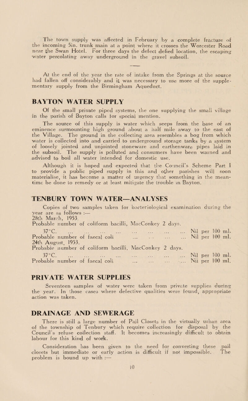 The town supply was affected in February by a complete fracture of the incoming 5in. trunk main at a point where it crosses the Worcester Road near the Swan Hotel. For three days the defect defied location, the escaping water percolating away underground in the gravel subsoil. At the end of the year the rate of intake from the Springs at the source had fallen off considerably and it was necessary to use more of the supple¬ mentary supply from the Birmingham Aqueduct. BAYTON WATER SUPPLY Of the small private piped systems, the one supplying the small village in the parish of Bayton calls for special mention. The source of this supply is water which seeps from the base of an eminence surmounting high ground about a half mile away to the east of the Village. The ground in the collecting area resembles a bog from which water is collected into and carried to underground storage tanks by a system of loosely jointed and unjointed stoneware and earthenware pipes laid in the subsoil. The supply is polluted and consumers have been warned and advised to boil all water intended for domestic use. Although it is hoped and expected that the Council’s Scheme Part I to provide a public piped supply in this and other parishes will soon materialise, it has become a matter of urgency that something in the mean¬ time be done to remedy or at least mitigate the trouble m Bayton. TENBURY TOWN WATER—ANALYSES Copies of two samples taken for bacteriological examination during the year are as follows :— 23th March, 1953, Probable number of coliform bacilli, MacConkey 2 days. 37°C. ... ... ... ... ... ... ... ... Nil per 100 ml. Probable number of faecal coli ... . . ... ... Nil per 100 mi. 24th August, 1953. Probable number of coliform bacilli, MacConkey 2 days. 37°C. Probable number of faecal coli Nil per 100 ml. Nil per 100 ml. PRIVATE WATER SUPPLIES Seventeen samples of water were taken from private supplies during the year. In those cases where defective qualities were found, appropriate action was taken. DRAINAGE AND SEWERAGE There is still a large number of Pajl Closets in the virtually urban area of the township of Tenbury which require collection for disposal by the Council's refuse collection staff. It becomes increasingly difficult to obtain labour for this kind of work. Consideration lias been given to the need for converting these pail closets but immediate or early action is difficult if not impossible. The problem is bound up with :—