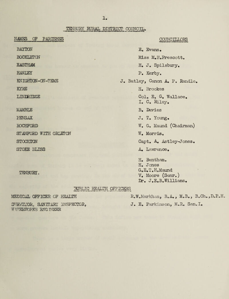 To The Chairman and Members of Tenbury Rural District Council. Lady and Gentlemen, I have the honour to present to you my Report for the year 1955* SECTION A. Area in Acres 31,250 Registrar Generalfs estimate of resident population mid 1953 3>310 Number of inhabited houses at end of 1953 1,814. Rateable Value £19,294 Sum represented by a Penny Rate £79. 12. 0. SOCIAL CONDITIONS, The district comprises fourteen parishes and except for the small market town of Tenbury it is entirely rural in character. Agriculture, including fruit and hop growing, is the chief industry and provides work for the majority of the adult population. During the Autumn months the population is increased by fruit and hop picker*, mostly women and children, brought into the district and accommodated ;n special quarters on the farms. This influx now tends to diminish each year is more growers install hop-pieking machinery. There is a large number of small holdings .in the Area and the amount of unemployment varies very little.