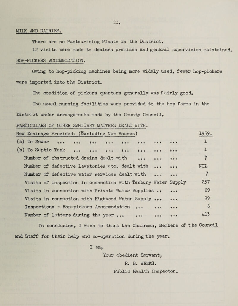 MILK MB DAIRIES. There are no Pasteurising Plants in the District. 12 visits were made to dealers premises and general supervision maintained. HOP-PICKERS ACOOMI/iODi\TiaN. Owing to hop-picking machines being more widely used, fewer hop-pickers were imported into the District. The condition of pickers quarters generally was f adrly good. The usual nursing facilities were provided to the hop farms in the Mstrict under arrangements; made by the County Council, PARTICULARS OF OTHER SANITARY MATTEI^ DEALT WITH. New Drainage Provided; (Excluding New Houses) 1959* ^a) To Sewer •*« 4., *•* .** .*• (b) To Septic Tank ••• • o i*. ••• Number of obstructed drains dei\lt with *. Number of defective lavatories etc. dealt with ,,, Number of defective water services dealt with Visits of inspection in connection with Tenbury Y/ater Supply Visits in connection with Private Water Supplies .« Visits in connection with Highwood Water Supply Inspections - Hop-pickers Accommodation ... ... Number of letters during the year ... ... ... In conclusion, I wish to thank the Chairman, Members cf the Council and Staff for their help and co-operation during the year, I am, Your obedient Servant, R. B. V/EEKS. • • * 1 1 « * • 7 • • • NIL • • • 7 Supply 237 * • * 29 • • « 99 • t • 6 • • • a3 Public Health Tnsi>ector,