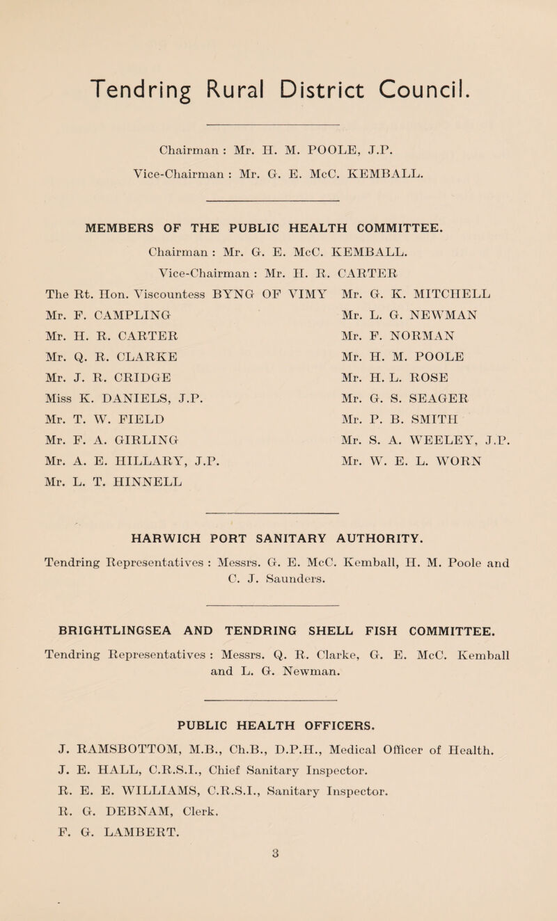 Chairman : Mr. H. M. POOLE, J.P. Vice-Chairman : Mr. G. E. McC. KEMBALL. MEMBERS OF THE PUBLIC HEALTH COMMITTEE. Chairman : Mr. G. E. McC. KEMBALL. Vice-Chairman : Mr. II. R. CABTER The Rt. lion. Viscountess BYNG OF VIMY Mr. G. K. MITCHELL Mr. F. CAMPLING Mr. H. R. CARTER Mr. Q. R. CLARKE Mr. J. R. CRIDGE Miss K. DANIELS, J.P. Mr. T. W. FIELD Mr. F. A. GIRLING Mr. A. E. HILLARY, J.P. Mr. L. T. HINNELL Mr. L. G. NEWMAN Mr. F. NORMAN Mr. H. M. POOLE Mr. H. L. ROSE Mr. G. S. SEAGER Mr. P. B. SMITH Mr. S. A. WEELEY, J.P. Mr. W. E. L. WORN HARWICH PORT SANITARY AUTHORITY. Tendring Representatives : Messrs. G. E. McC. Ivemball, H. M. Poole and C. J. Saunders. BRIGHTLINGSEA AND TENDRING SHELL FISH COMMITTEE. Tendring Representatives : Messrs. Q. R. Clarke, G. E. McC. Kemball and L. G. Newman. PUBLIC HEALTH OFFICERS. J. RAMSBOTTOM, M.B., Ch.B., D.P.IL, Medical Officer of Health. J. E. HALL, C.R.S.I., Chief Sanitary Inspector. R. E. E. WILLIAMS, C.R.S.I., Sanitary Inspector. R. G. DEBNAM, Clerk. F. G. LAMBERT.