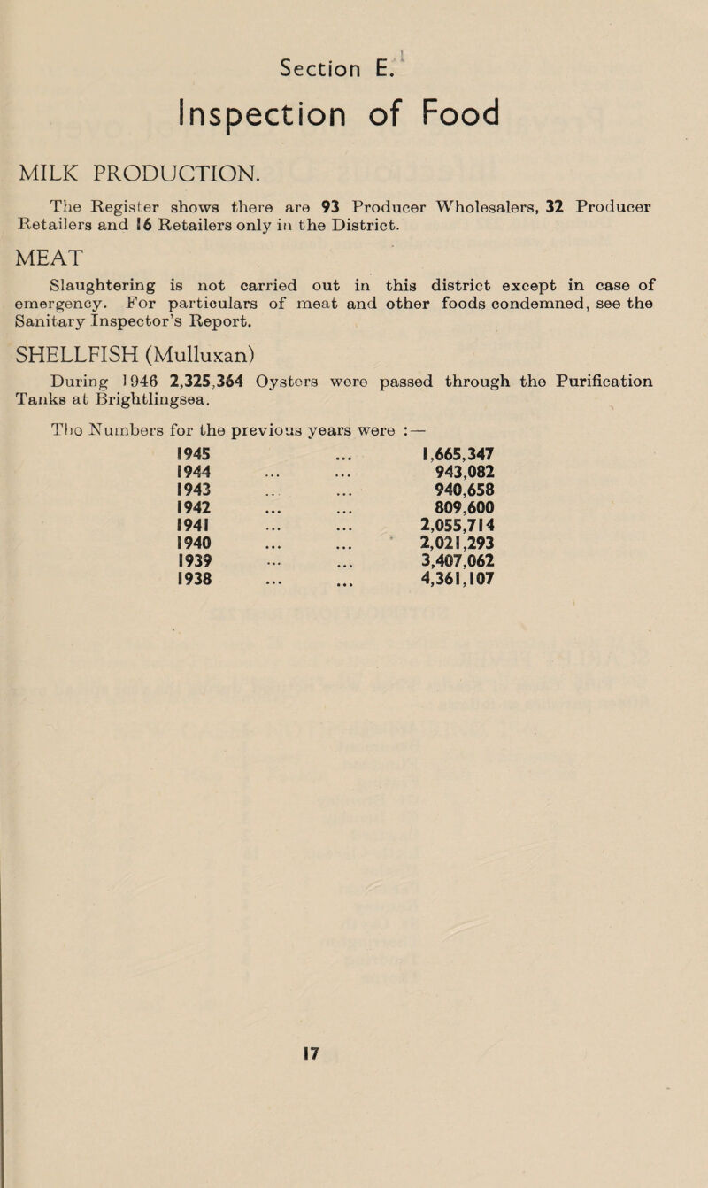 Inspection of Food MILK PRODUCTION. The Register shows there are 93 Producer Wholesalers, 32 Producer Retailers and 16 Retailers only in the District. MEAT Slaughtering is not carried out in this district except in case of emergency. For particulars of meat and other foods condemned, see the Sanitary Inspector’s Report. SHELLFISH (Mulluxan) During 1946 2,325,354 Oysters were passed through the Purification Tanks at Brightlingsea. Tho Numbers for the previous years were 1945 E 944 1943 1942 . 1941 . 1940 . 1939 1938 1,665,347 943,082 940,658 809,600 2,055,714 2,021,293 3,407,062 4,361,107