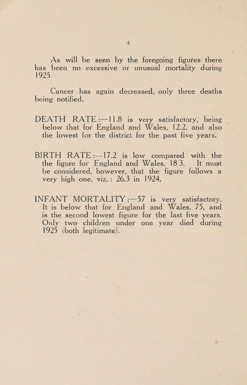 As will be seen by the foregoing figures there has been no excessive or unusual mortality during 1925. Cancer has again decreased, only three deaths being notified. DEATH RATE:—11.8 is very satisfactory, being below that for England and Wales, 12.2, and also the lowest for the district for the past five years. BIRTH RATE:—17.2 is low compared with the the figure for England and Wales, 18 3. It must be considered, however, that the figure follows a very high one, viz. : 26.3 in 1924. INFANT MORTALITY :—57 is very satisfactory, it is below that for England and Wales, 75, and is the second lowest figure for the last five years. Only two children under one year died during 1925 (both legitimate).