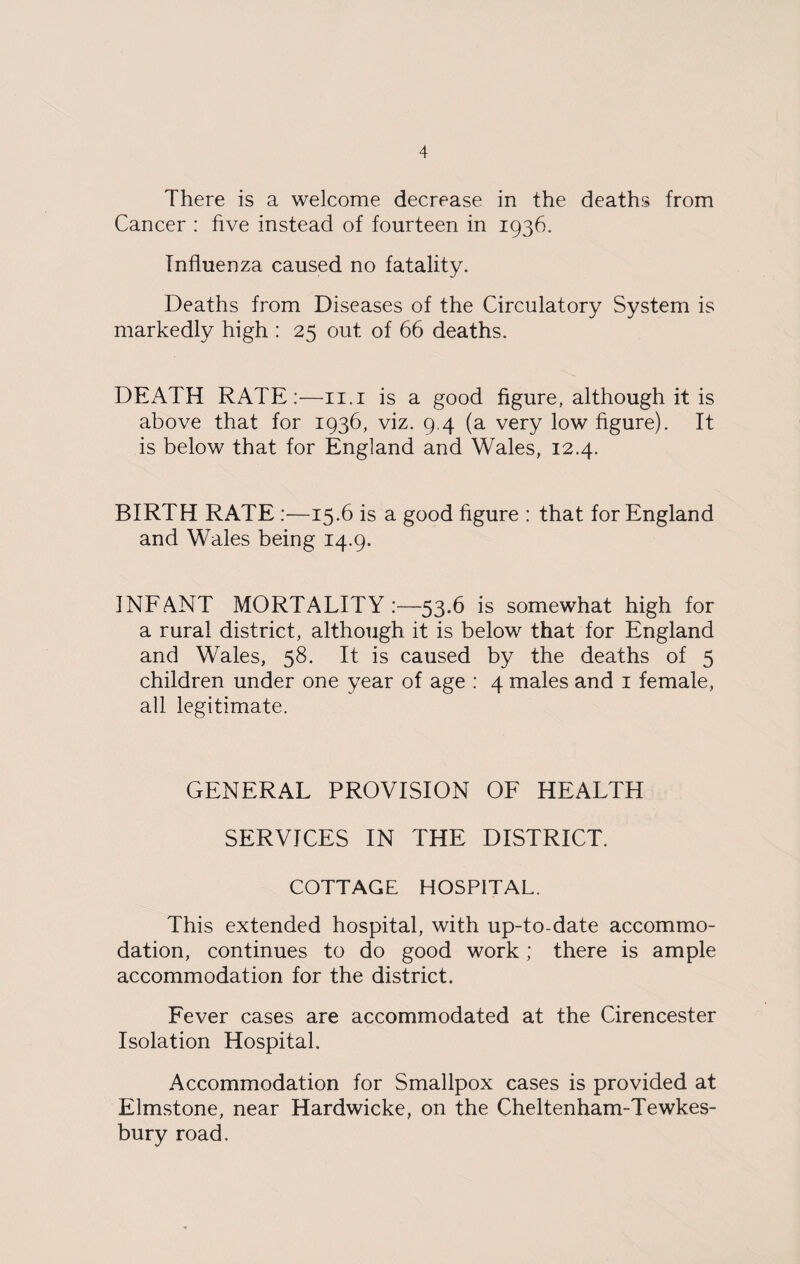 There is a welcome decrease in the deaths from Cancer : five instead of fourteen in 1936. Influenza caused no fatality. Deaths from Diseases of the Circulatory System is markedly high : 25 out of 66 deaths. DEATH RATE:—11.1 is a good figure, although it is above that for 1936, viz. 9.4 (a very low figure). It is below that for England and Wales, 12.4. BIRTH RATE :—15.6 is a good figure : that for England and Wales being 14.9. INFANT MORTALITY:—53.6 is somewhat high for a rural district, although it is below that for England and Wales, 58. It is caused by the deaths of 5 children under one year of age : 4 males and 1 female, all legitimate. GENERAL PROVISION OF HEALTH SERVICES IN THE DISTRICT. COTTAGE HOSPITAL. This extended hospital, with up-to-date accommo¬ dation, continues to do good work; there is ample accommodation for the district. Fever cases are accommodated at the Cirencester Isolation Hospital. Accommodation for Smallpox cases is provided at Elmstone, near Hardwicke, on the Cheltenham-Tewkes- bury road.